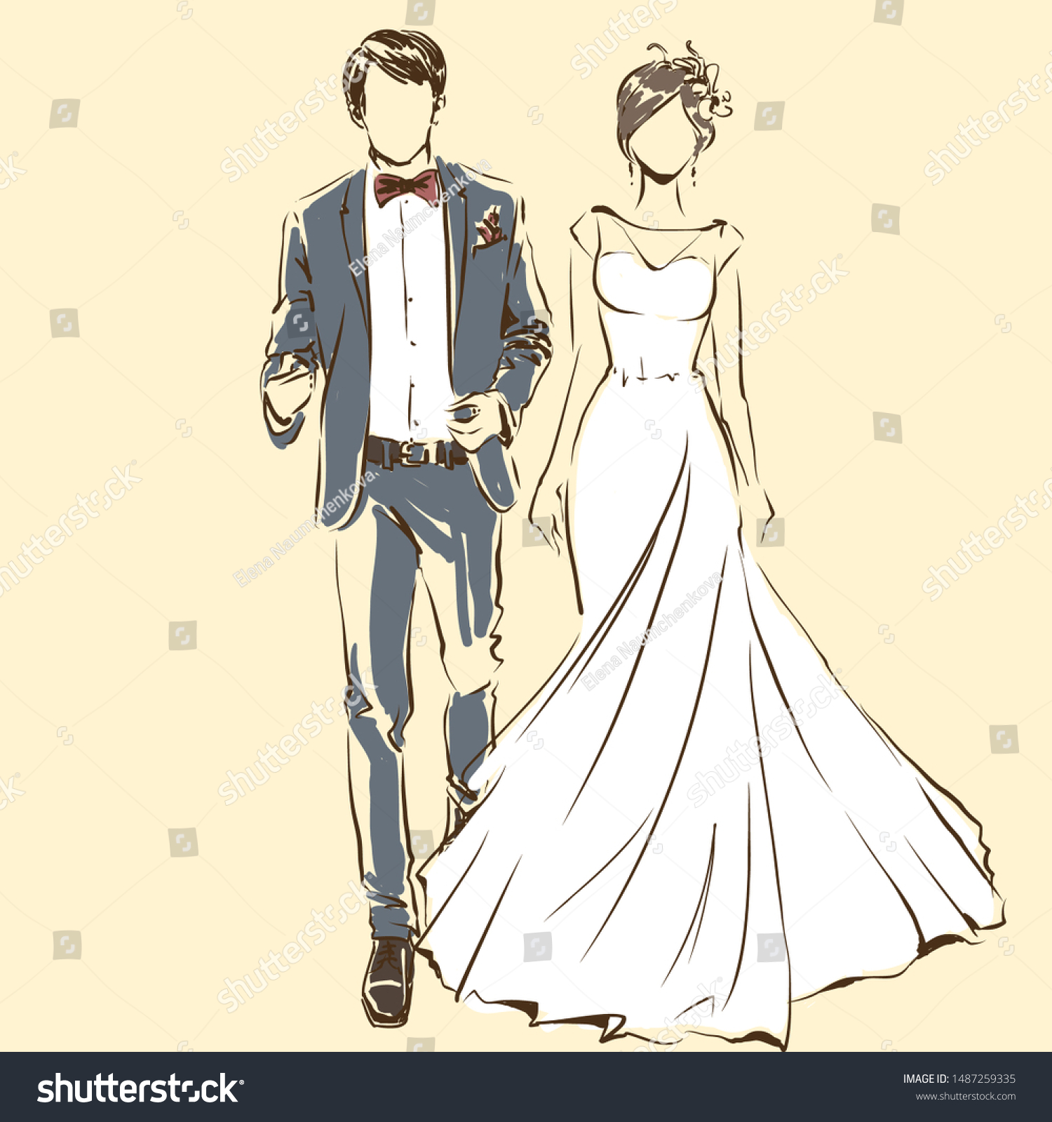 Silhouette Couple Bride Groom Drawing By Stock Vector (Royalty Free