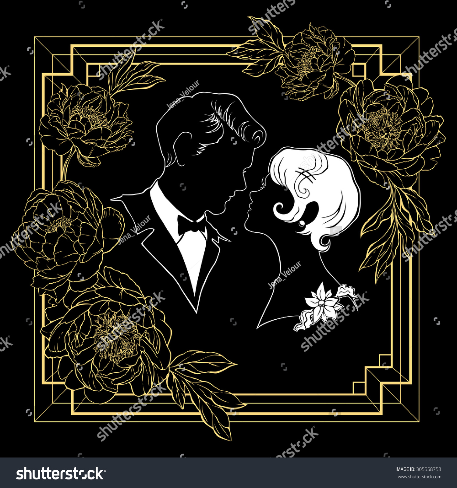 Silhouette Couple Gold Artdeco Style Frame Stock Vector Royalty Free 305558753