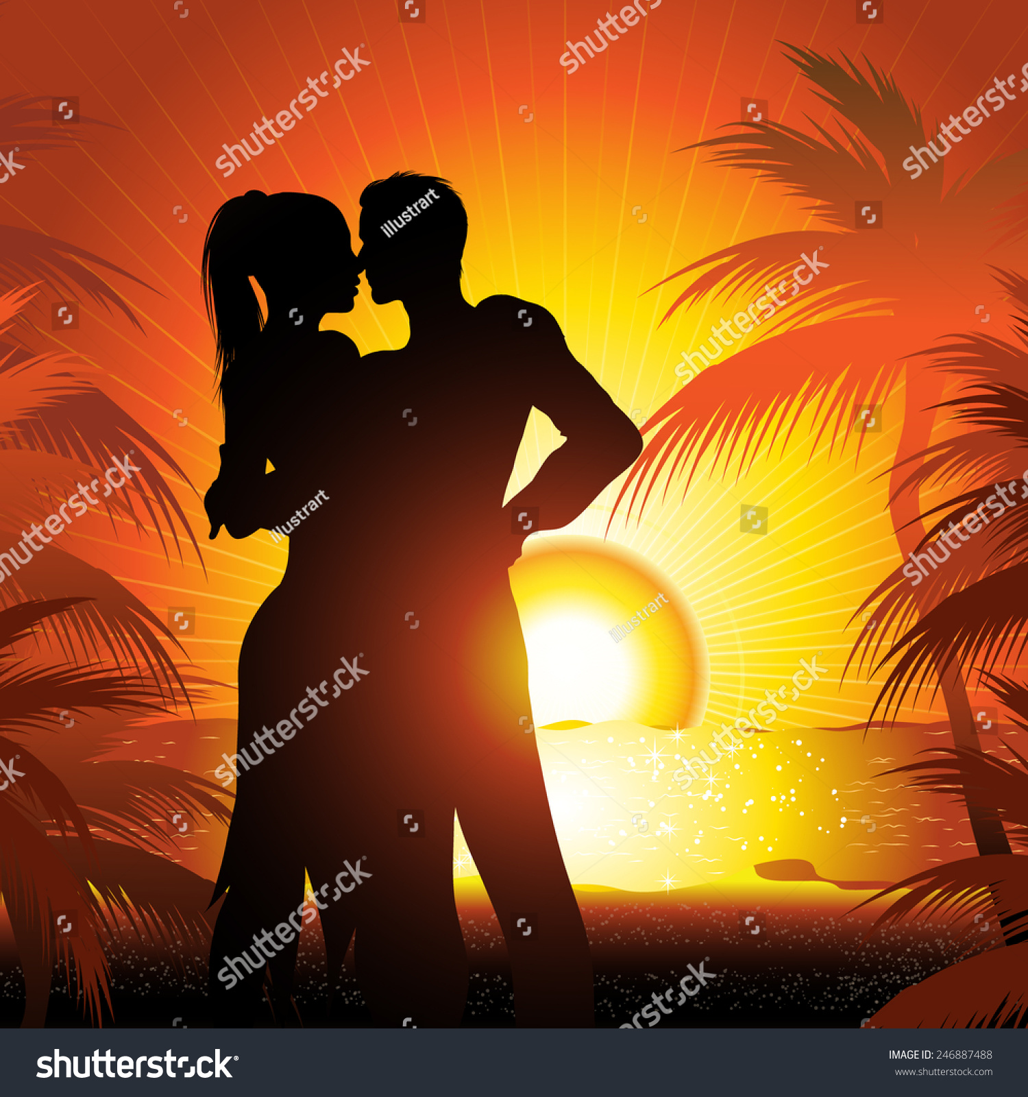 Silhouette Of Couple On Beach At Sunset Dancing Stock Vector ...