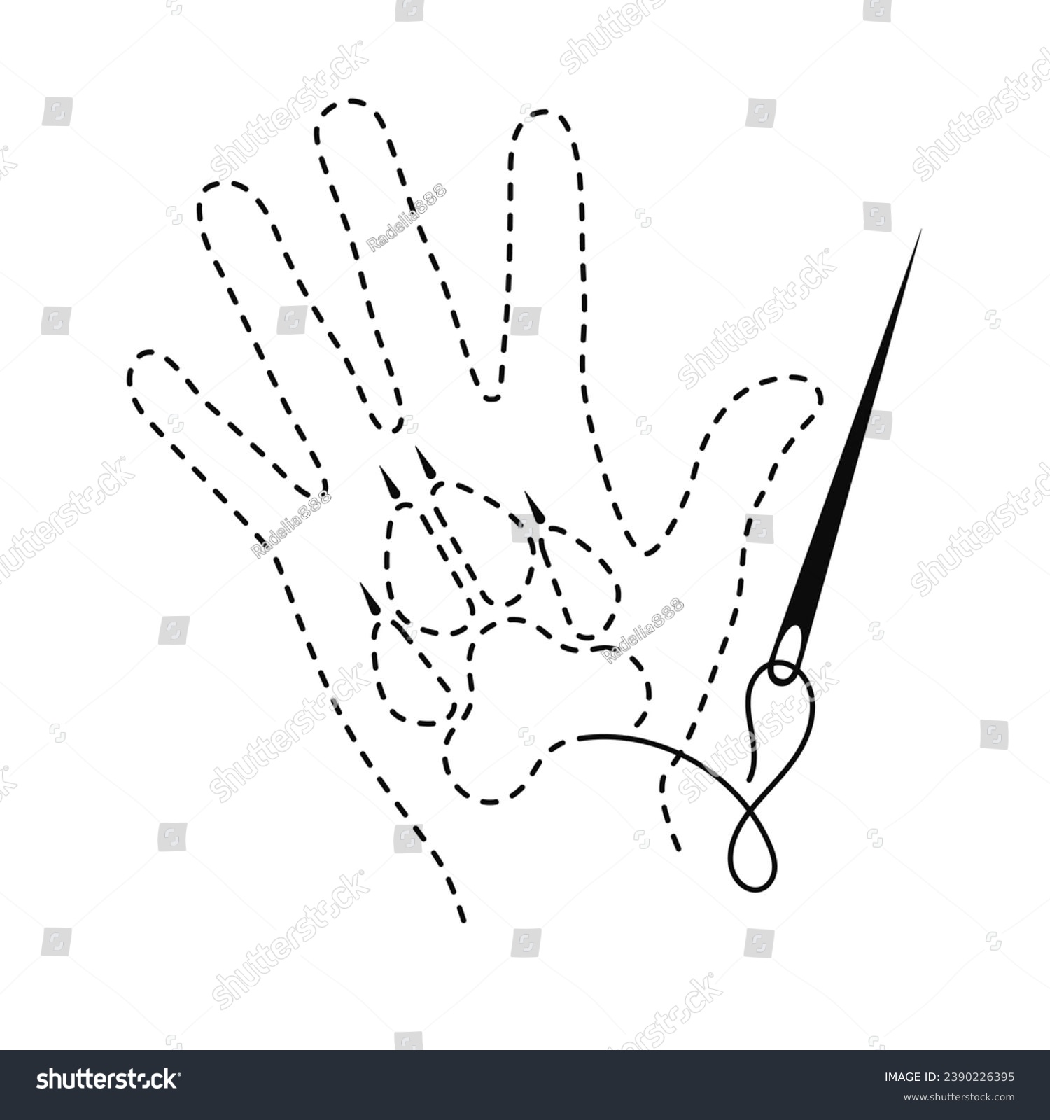 SVG of Silhouette of hand and wolf paw with interrupted contour. Vector illustration of handmade work with embroidery thread and sewing needle on white background. svg