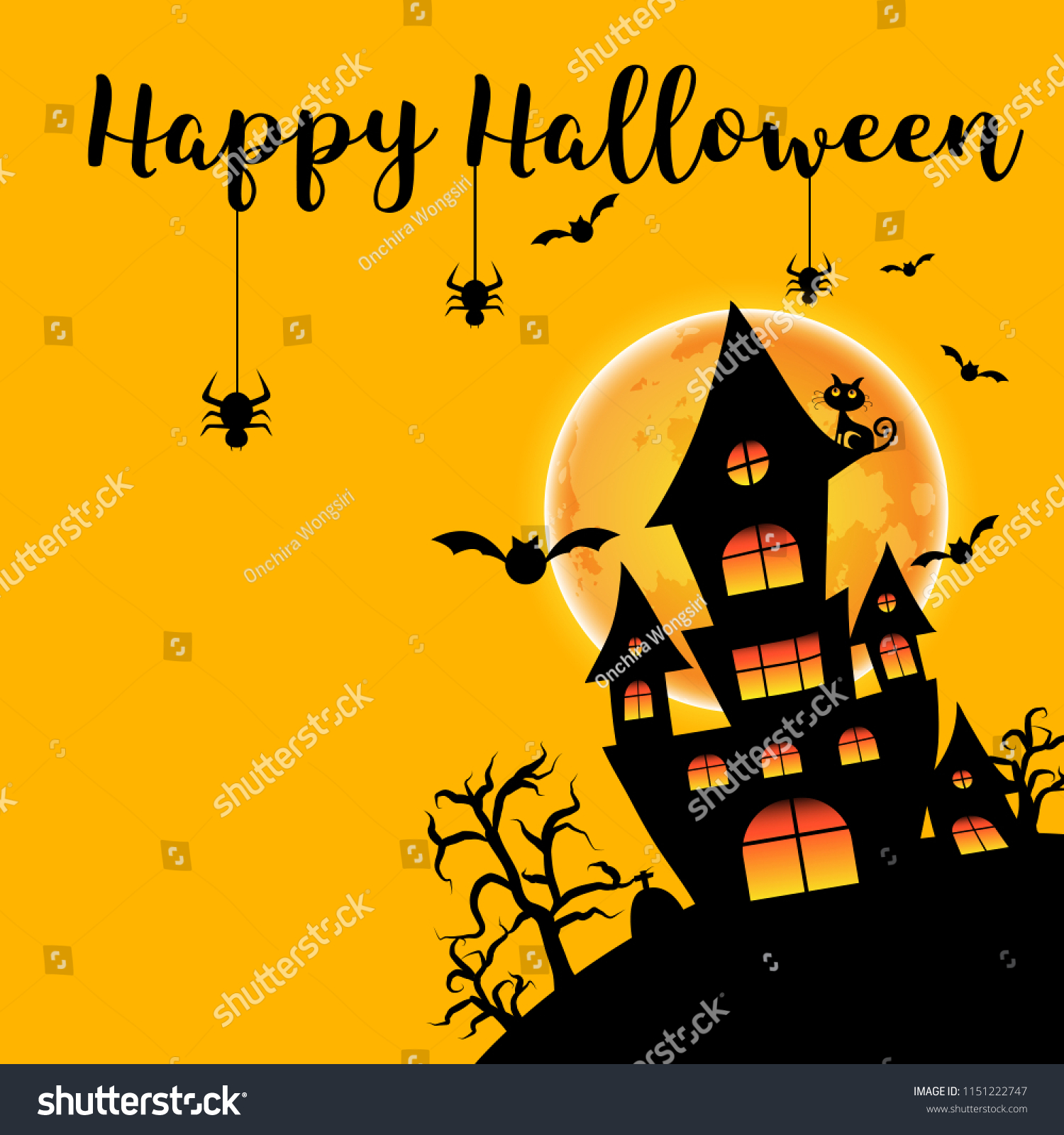 Silhouette Haunted House Yellow Orange Halloween Stock Vector (Royalty ...