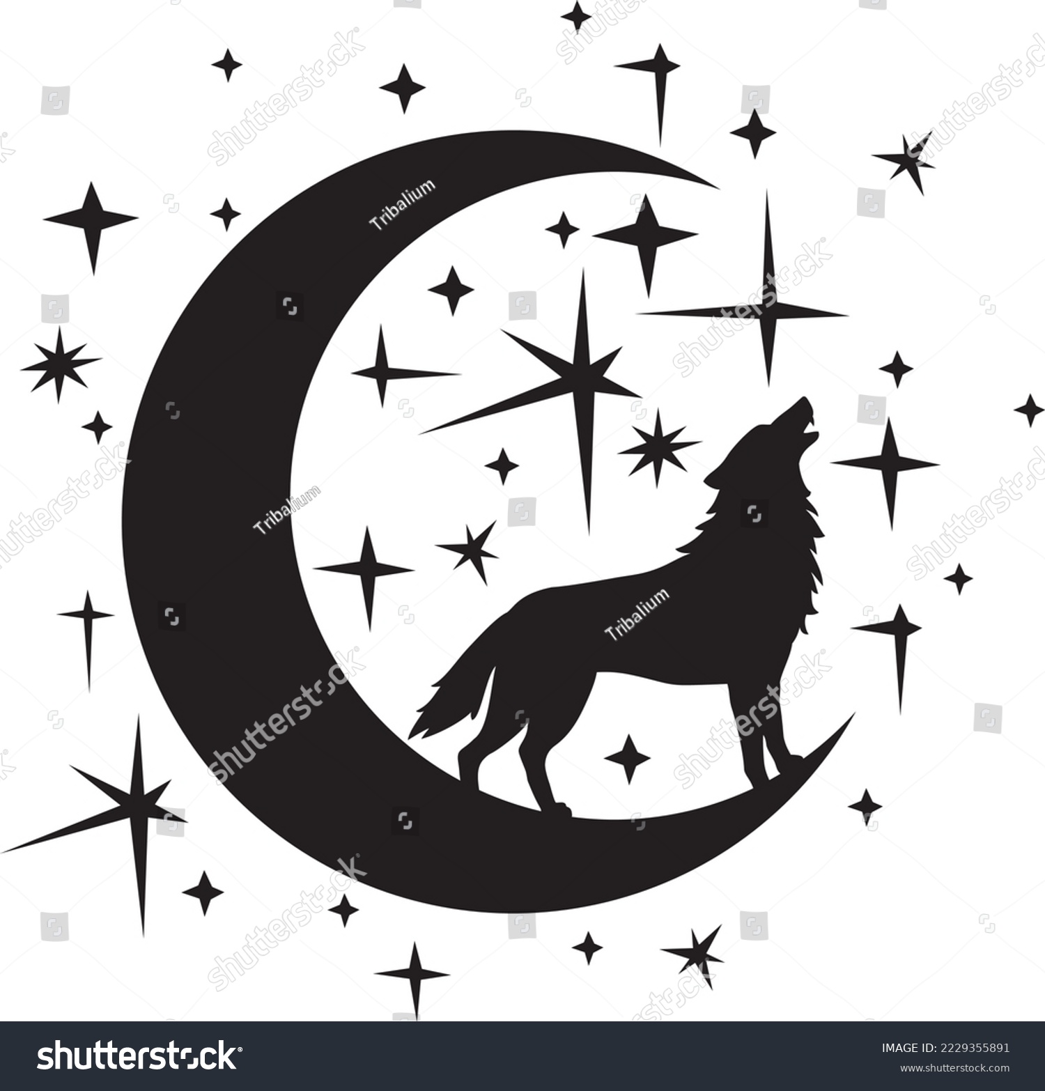 SVG of Silhouette of Howling Wolf, Night Moon and Stars (Crescent). Vector Illustration. svg