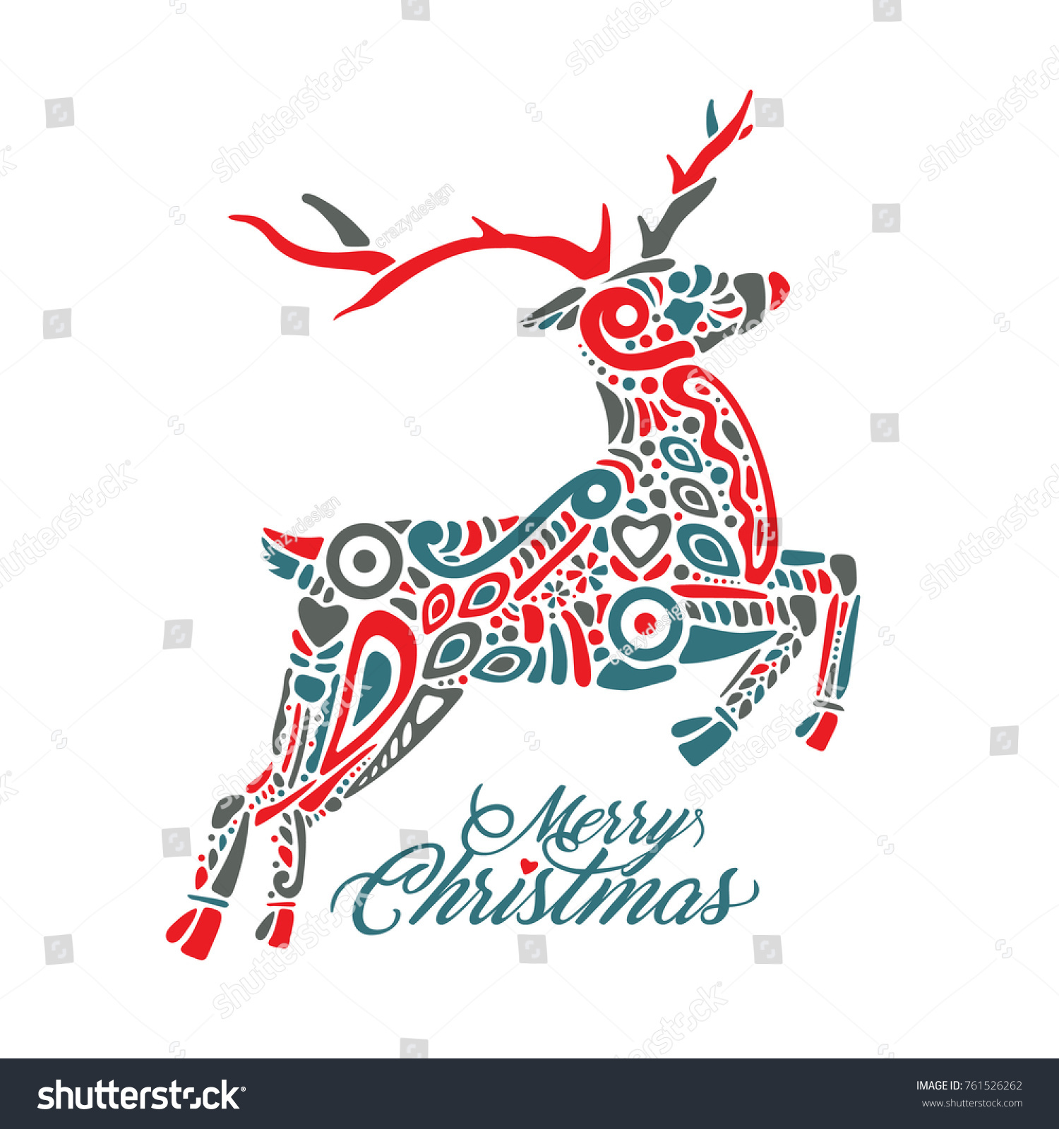 Silhouette of jumping forest or northern deer isolated on white background and filled with decorative pattern