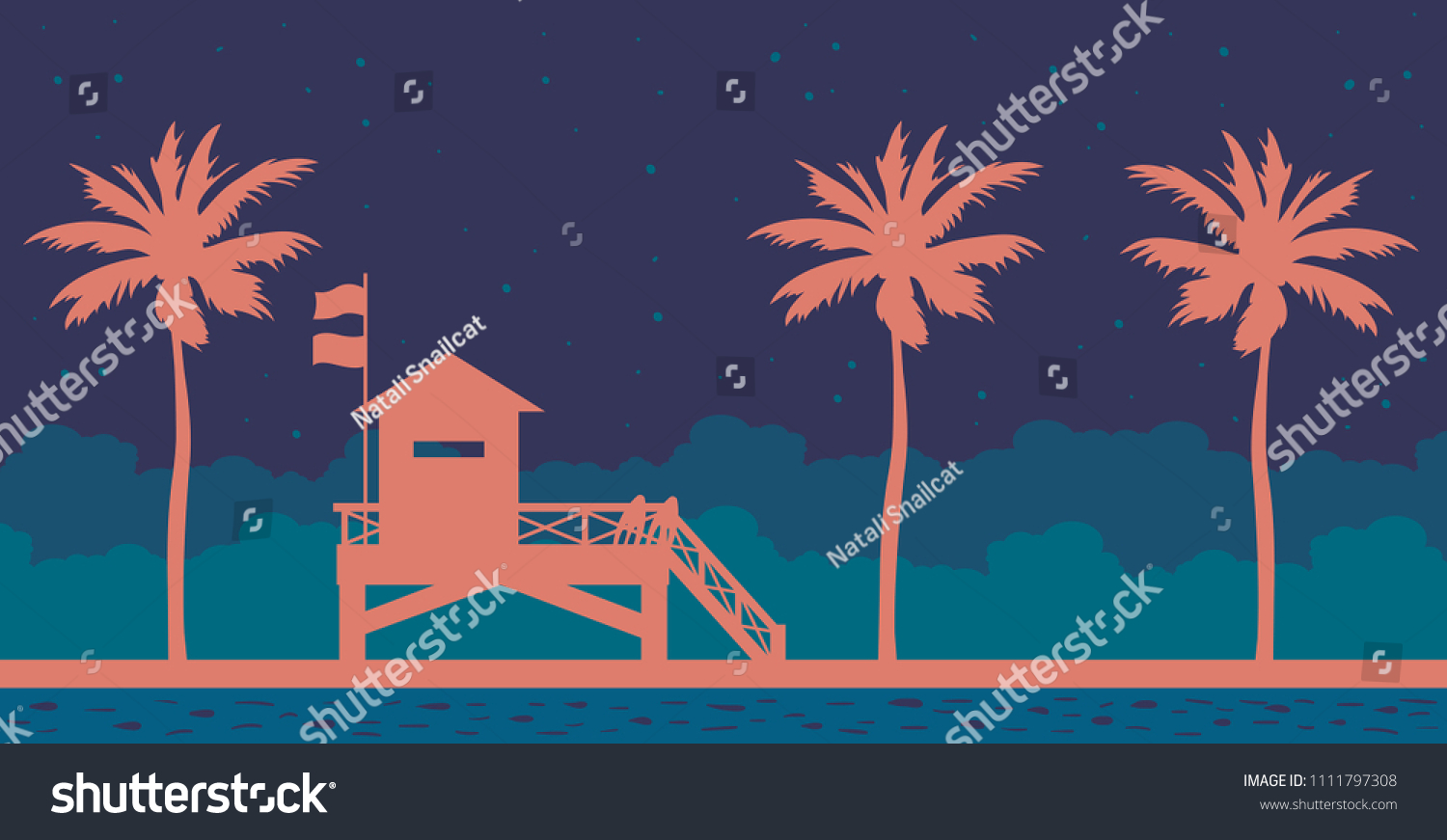 SVG of Silhouette of lifeguard station on a beach and blue sea on a night starry sky. Vector illustration with summer landscape. svg