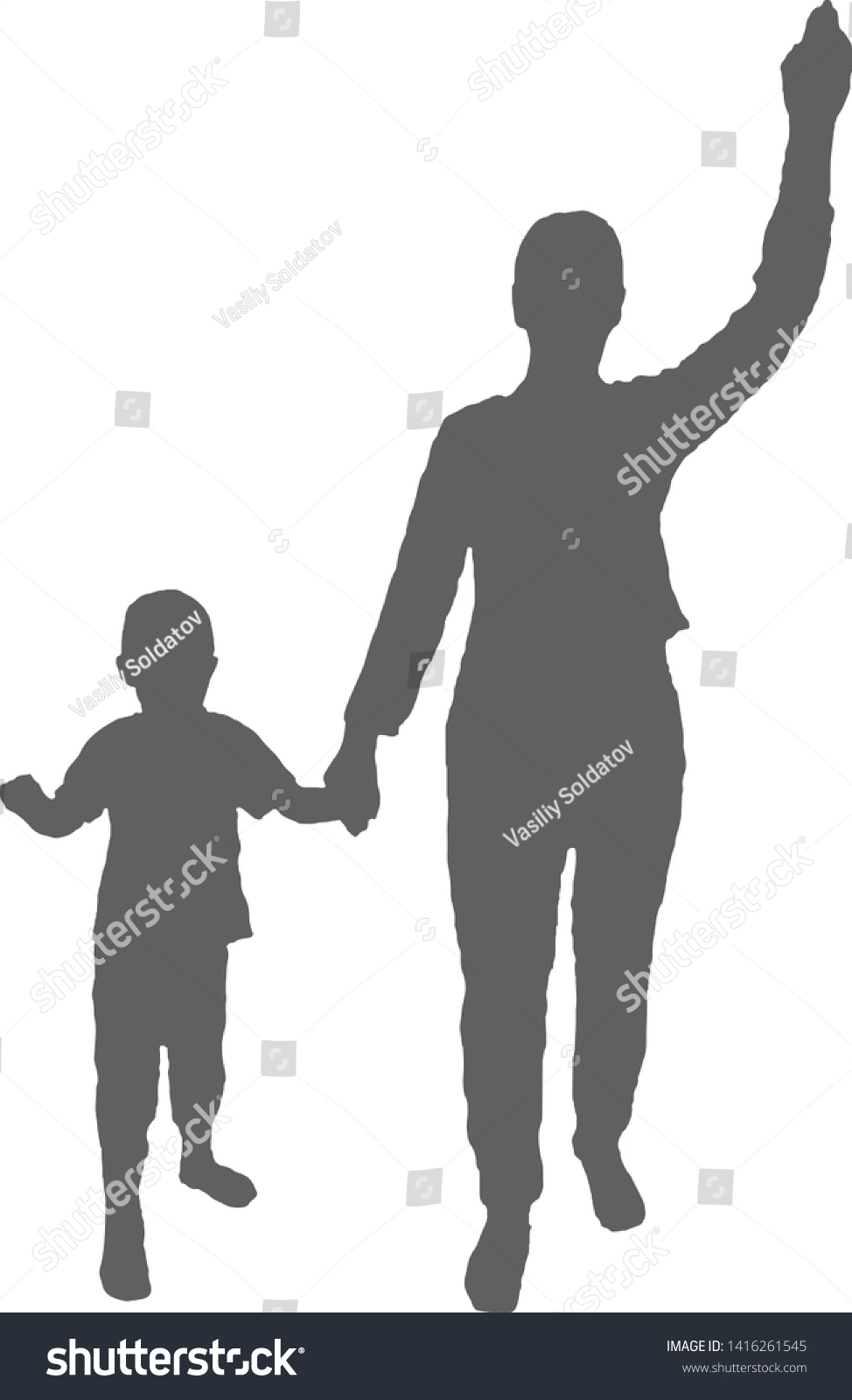 Silhouette Mother Son Walking Holding Hands Stock Vector Royalty