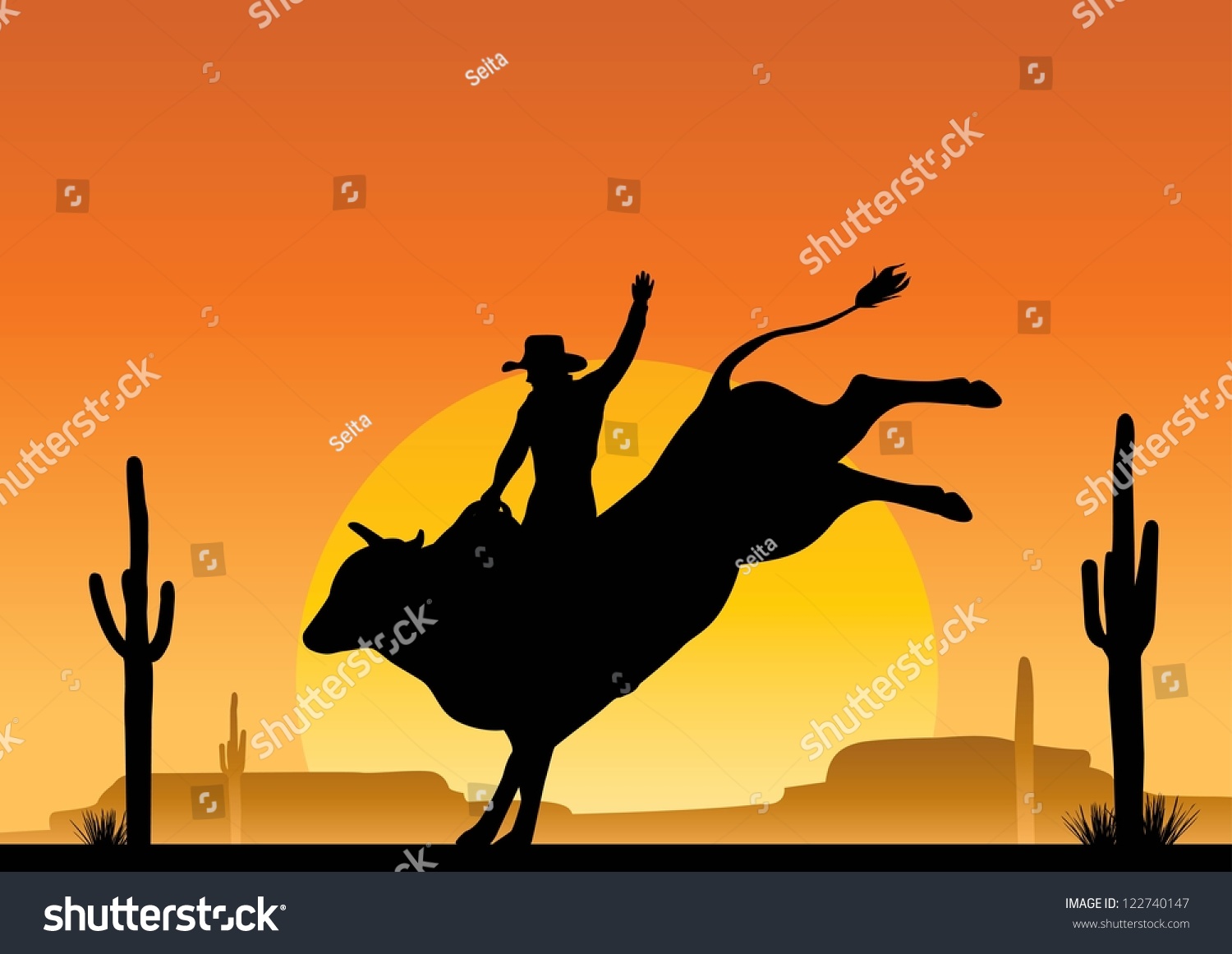 Silhouette Rodeo Cowboy Riding Wild Bull Stock Vector (Royalty Free ...