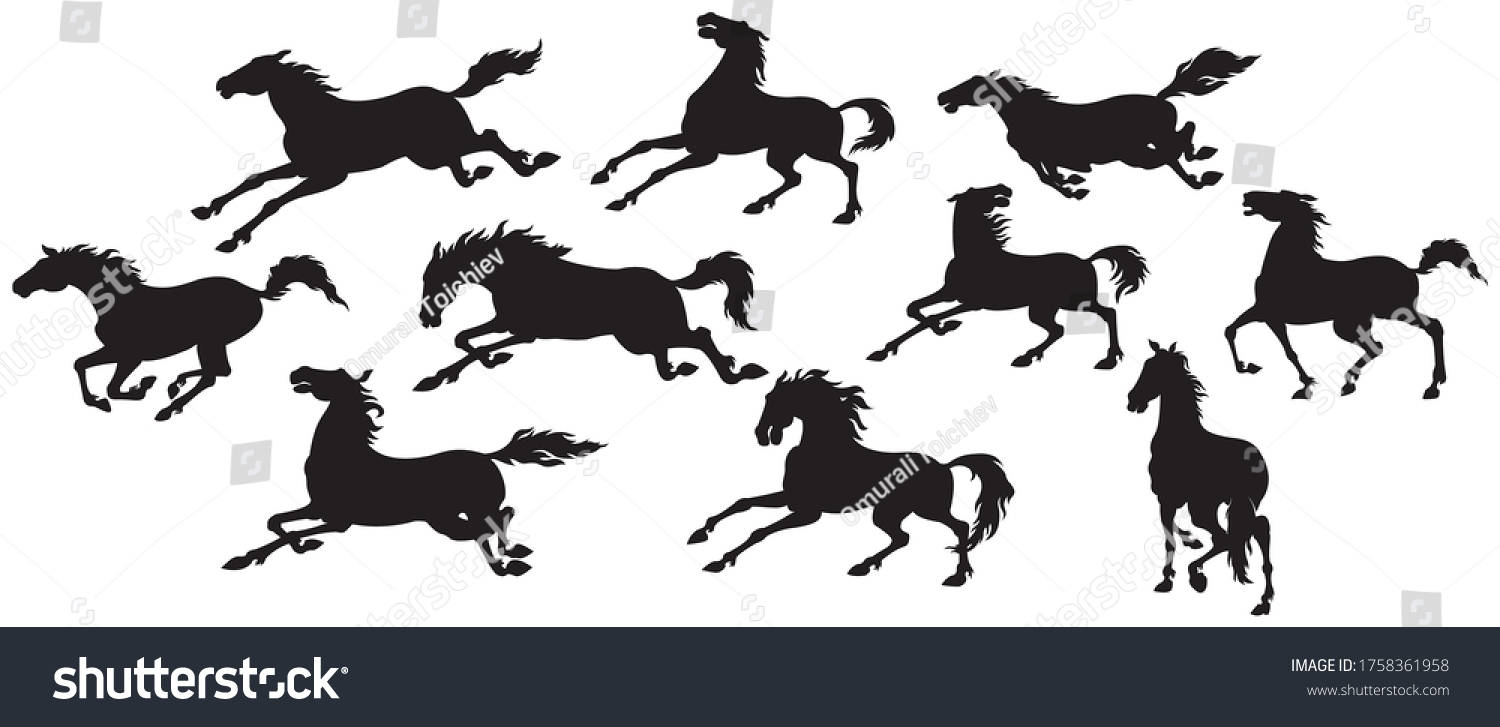 異なるポーズと動きの走る馬のシルエット のベクター画像素材 ロイヤリティフリー