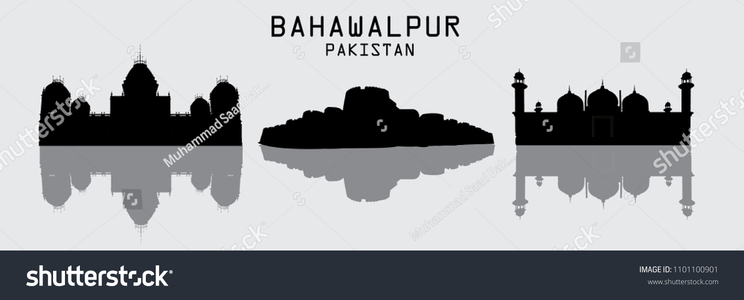 SVG of Silhouette of skyline of Bahawalpur Pakistan including Noor Mahal , Derawar Fort and Mosque svg