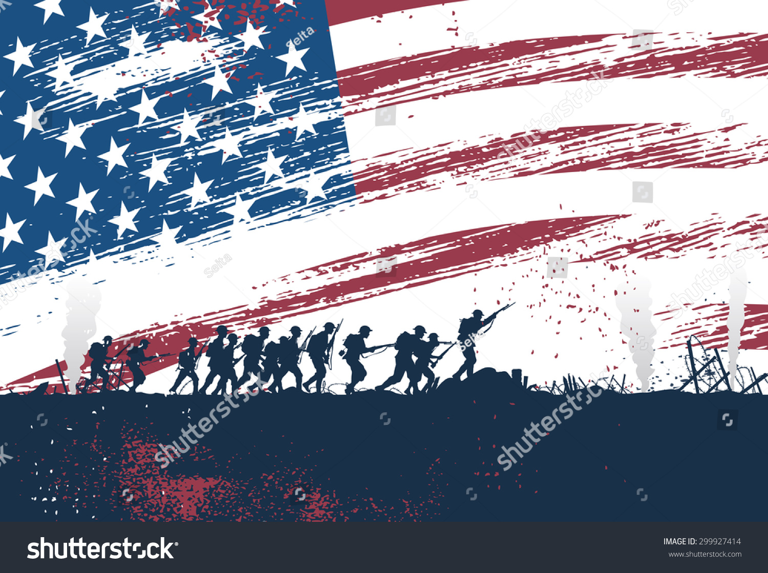 Silhouette Of Soldiers Fighting At War With American Flag As A ...