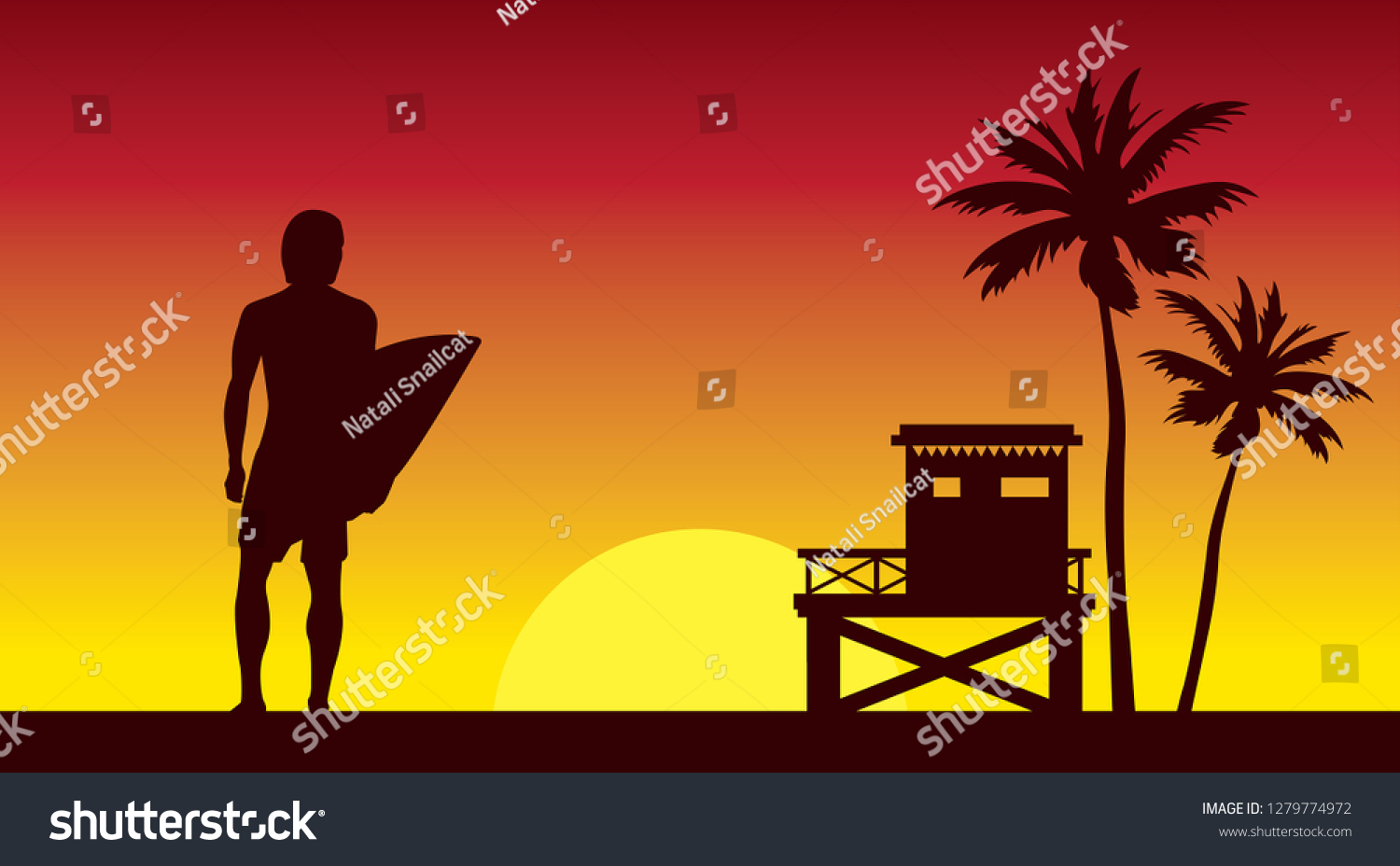 SVG of Silhouette of surfer, lifeguard station and palm tree on a red sunset sky. Summer nature vector illustration. Sport water card - surfing. svg