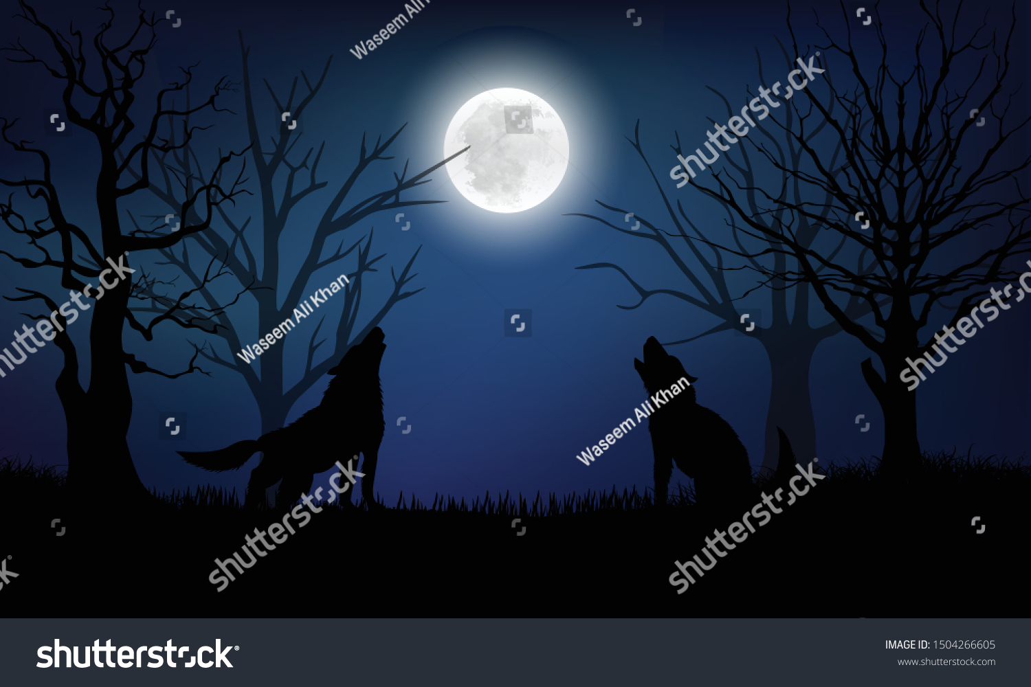 夜の森の月に吠える狼の影 のベクター画像素材 ロイヤリティフリー
