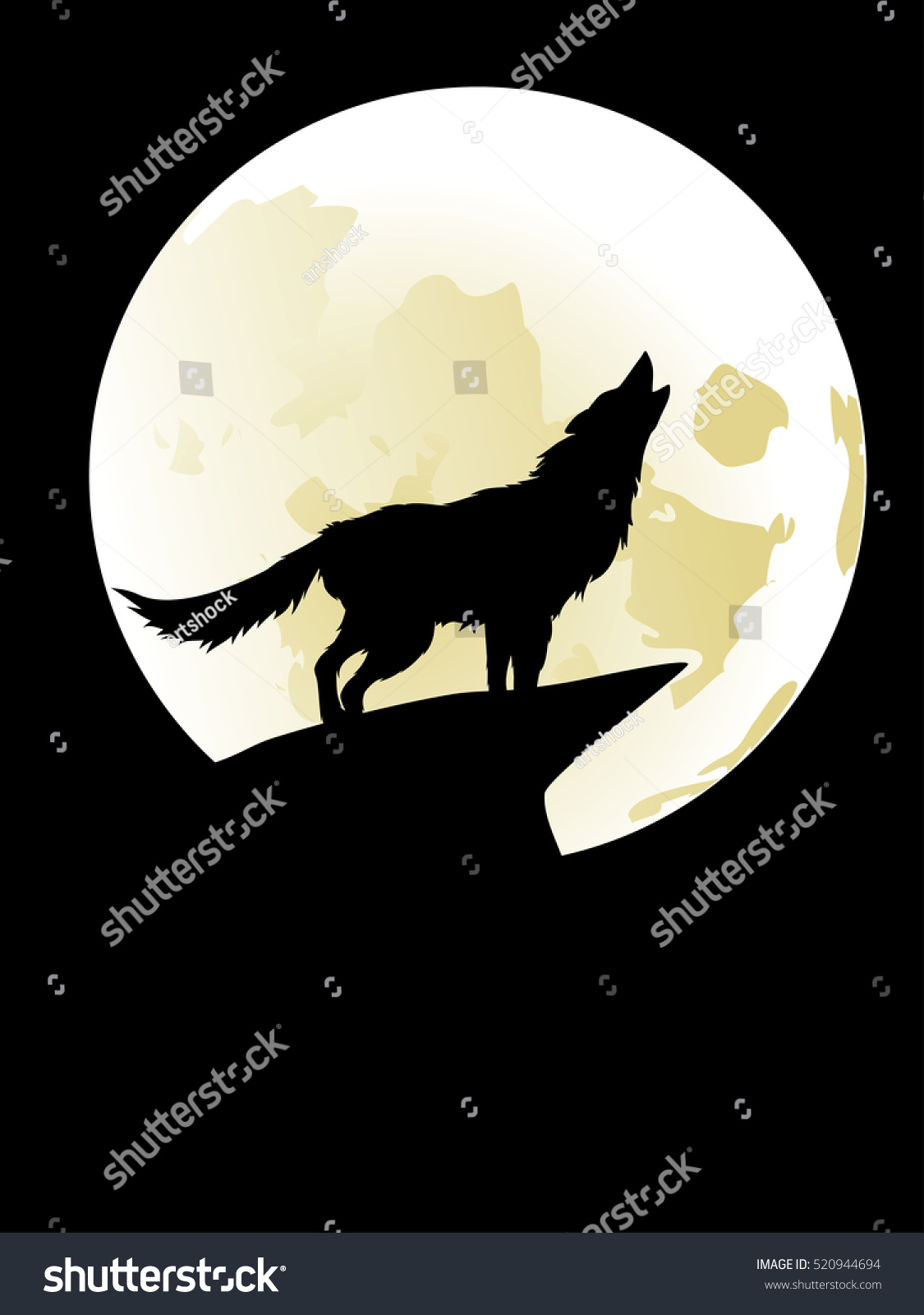 真夜中に月に向かって遠吠えする狼の影が のベクター画像素材 ロイヤリティフリー