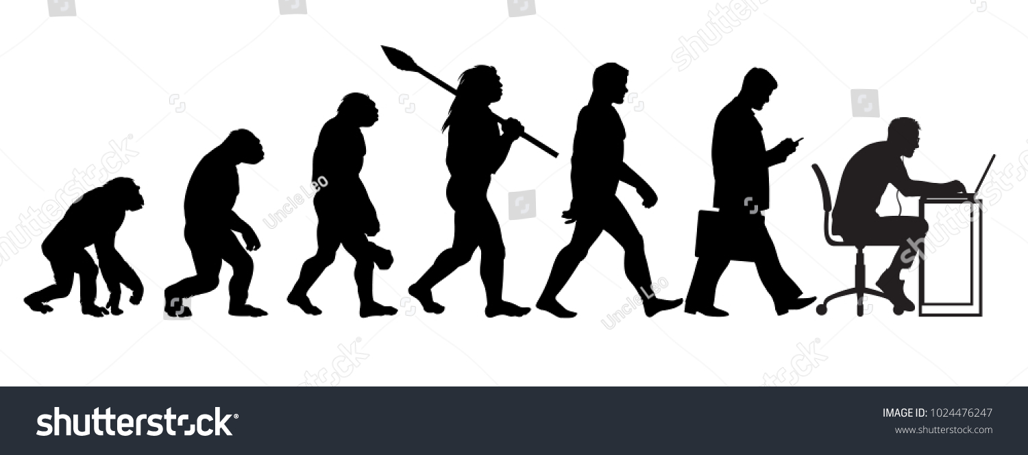 SVG of Silhouette of theory of evolution of man. Human development from monkey to caveman, modern businessmen talking on mobile phone, programmer sitting at computer. Hand drawn sketch vector illustration. svg