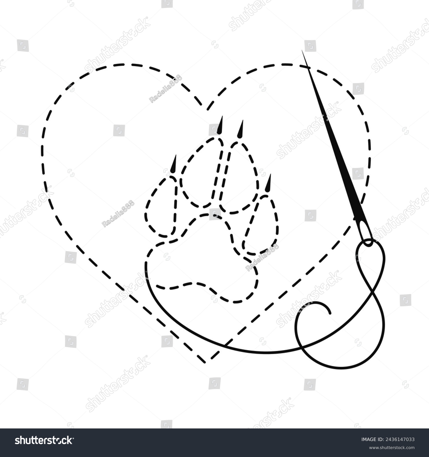 SVG of Silhouette of wolf paw and heart with interrupted contour. Vector illustration of handmade work with embroidery thread and sewing needle on white background.	 svg