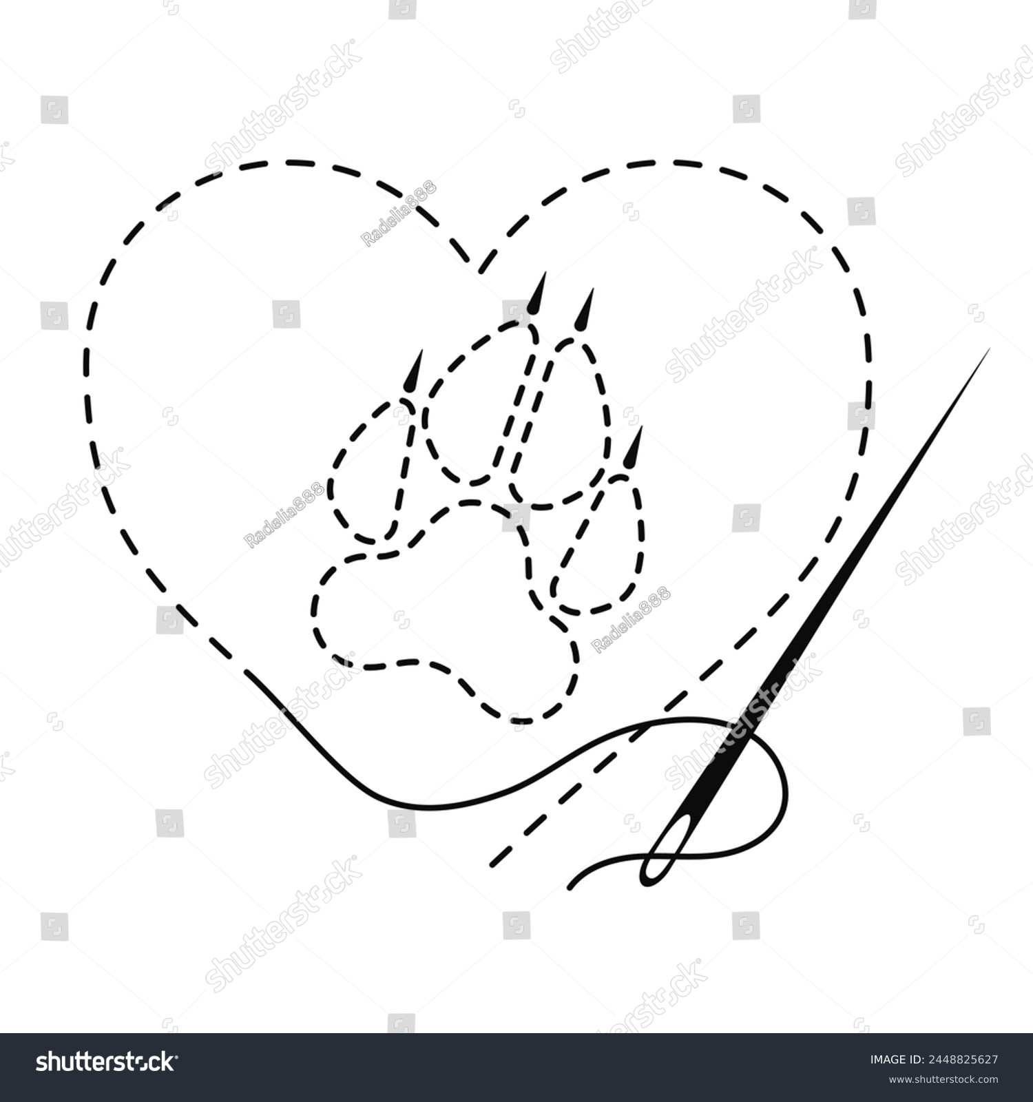 SVG of Silhouette of wolf paw and heart with interrupted contour. Vector illustration of handmade work with embroidery thread and sewing needle on white background.	 svg