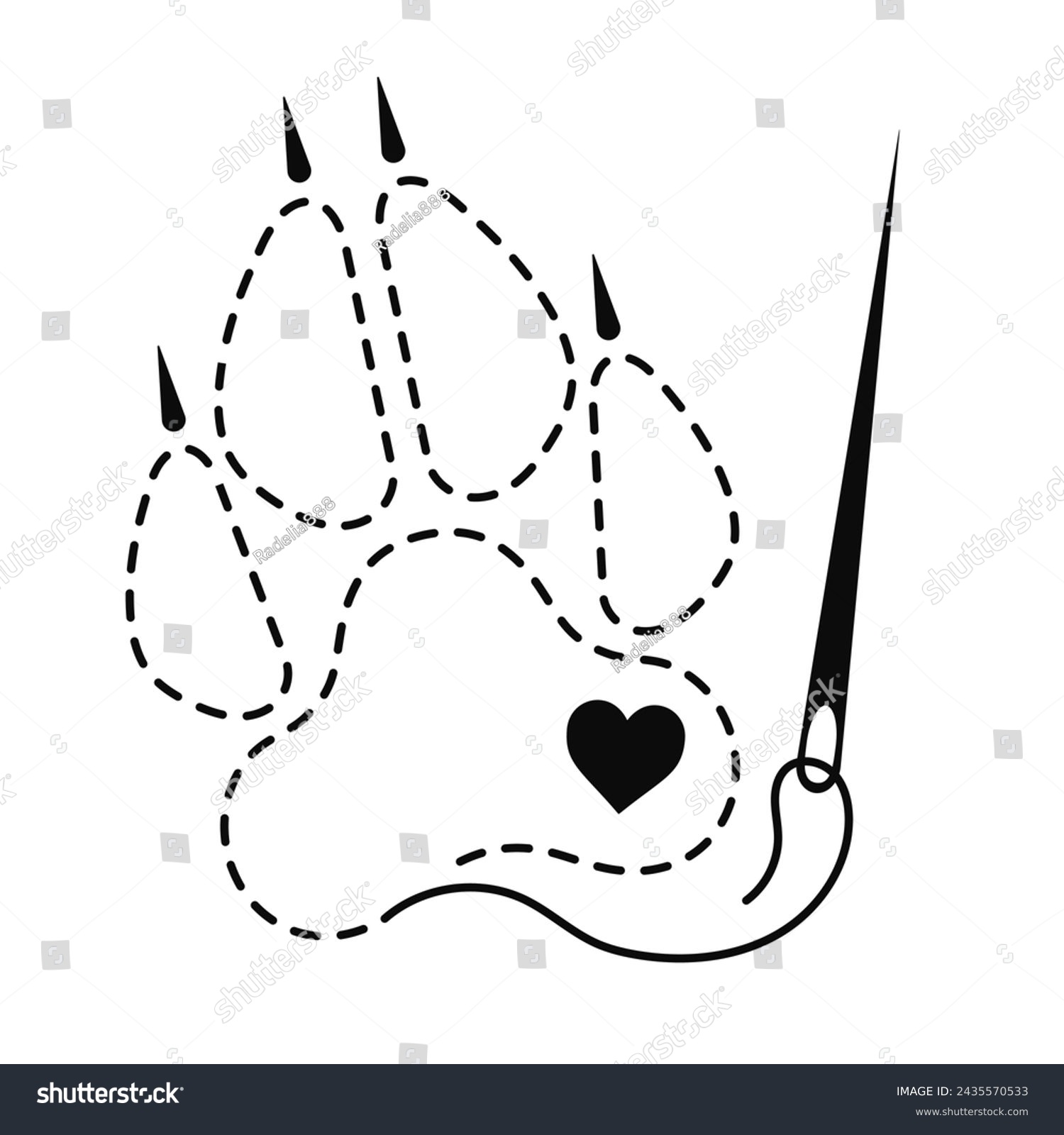 SVG of Silhouette of wolf paw with interrupted contour and heart. Vector illustration of handmade work with embroidery thread and sewing needle on white background.	 svg