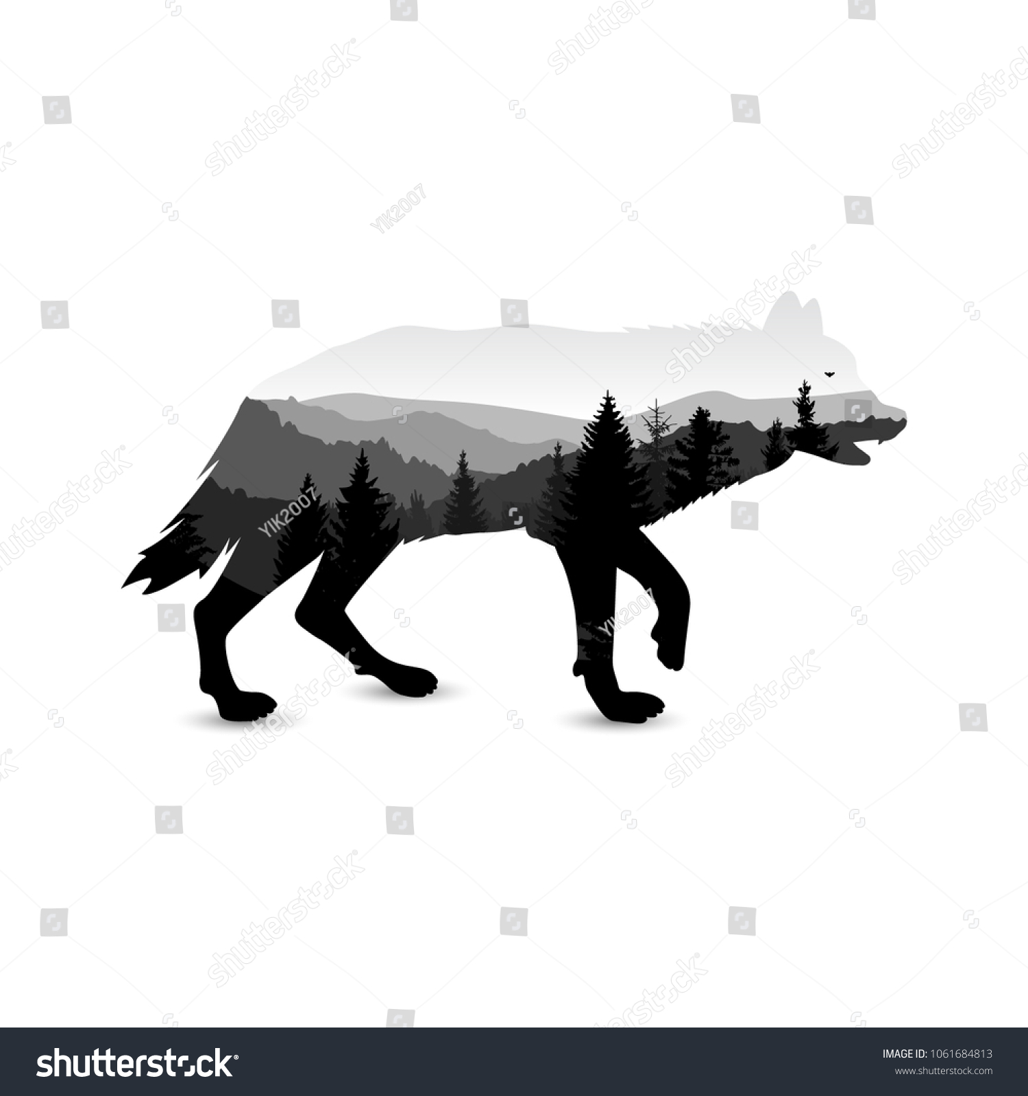 Silhouette Wolf Mountain Landscape Grey Tones Stock Vector (Royalty ...