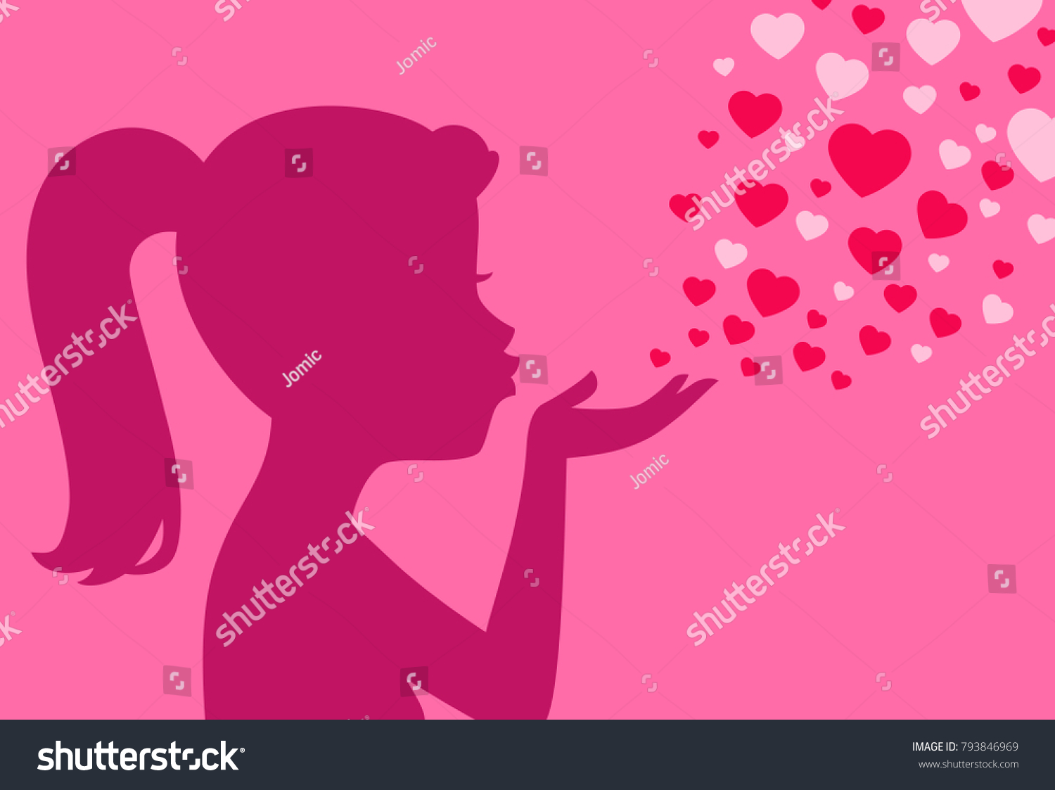 Silhouette Woman Blowing Kisses Hearts Romantic Stock Vector (royalty 