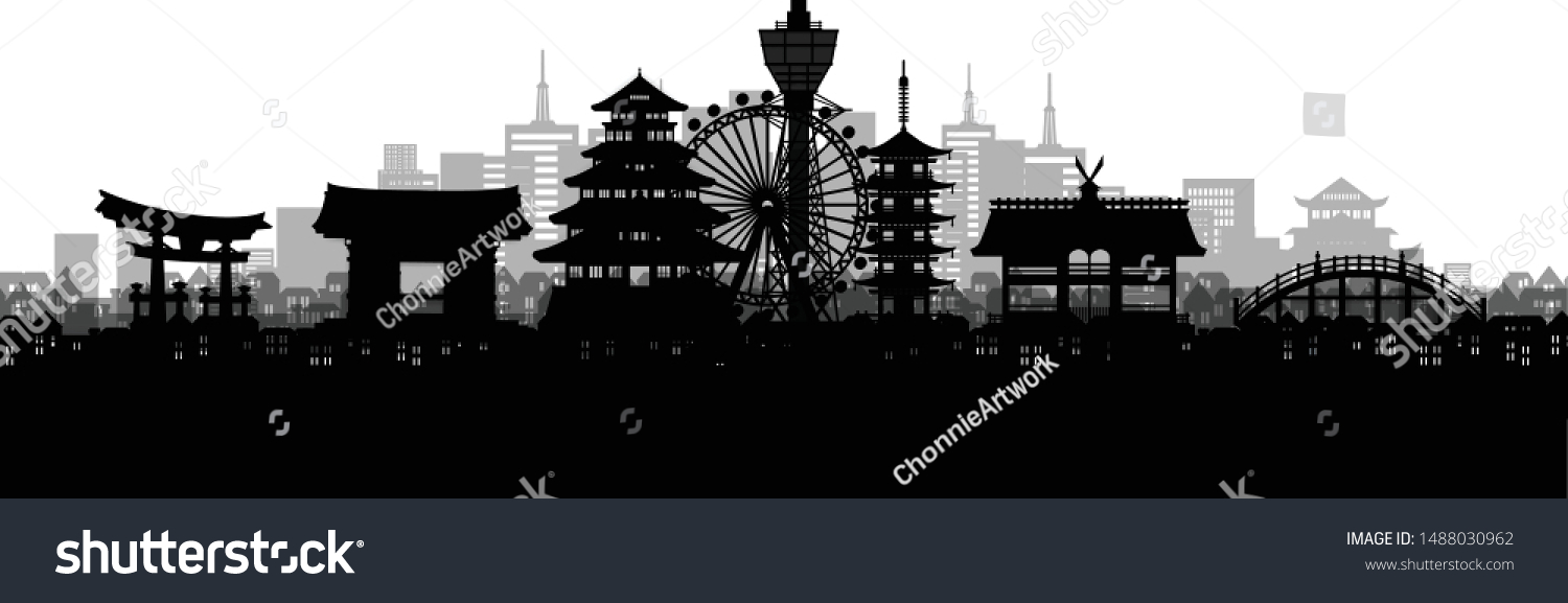 Silhouette Panorama View Osaka City Skyline Stock Vector Royalty Free