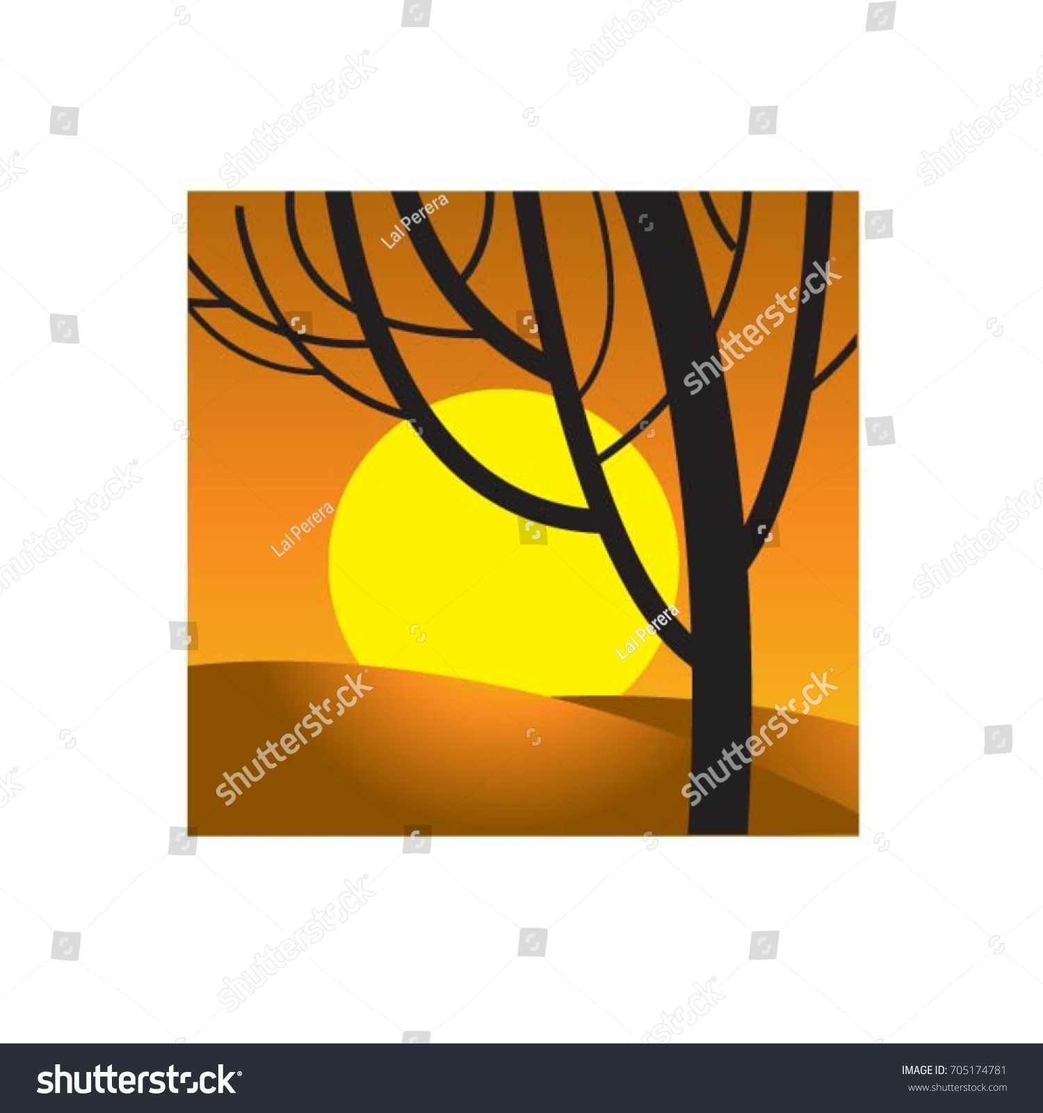 Silhouette Tree Over Sunset Colorvector Drawing Stock Vector (Royalty