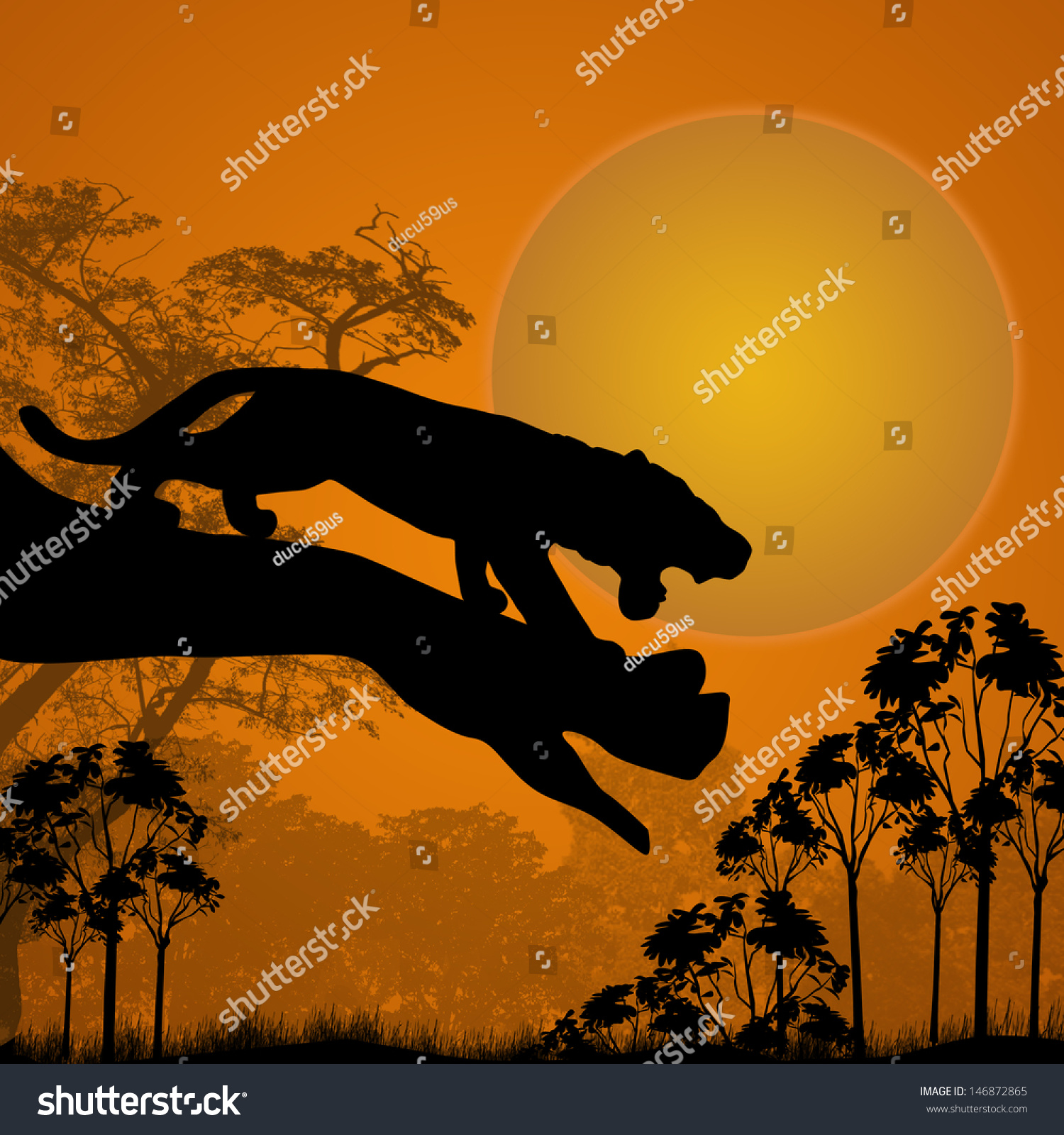 Silhouette View Tiger On Tree Beautiful Stock Vector (Royalty Free ...