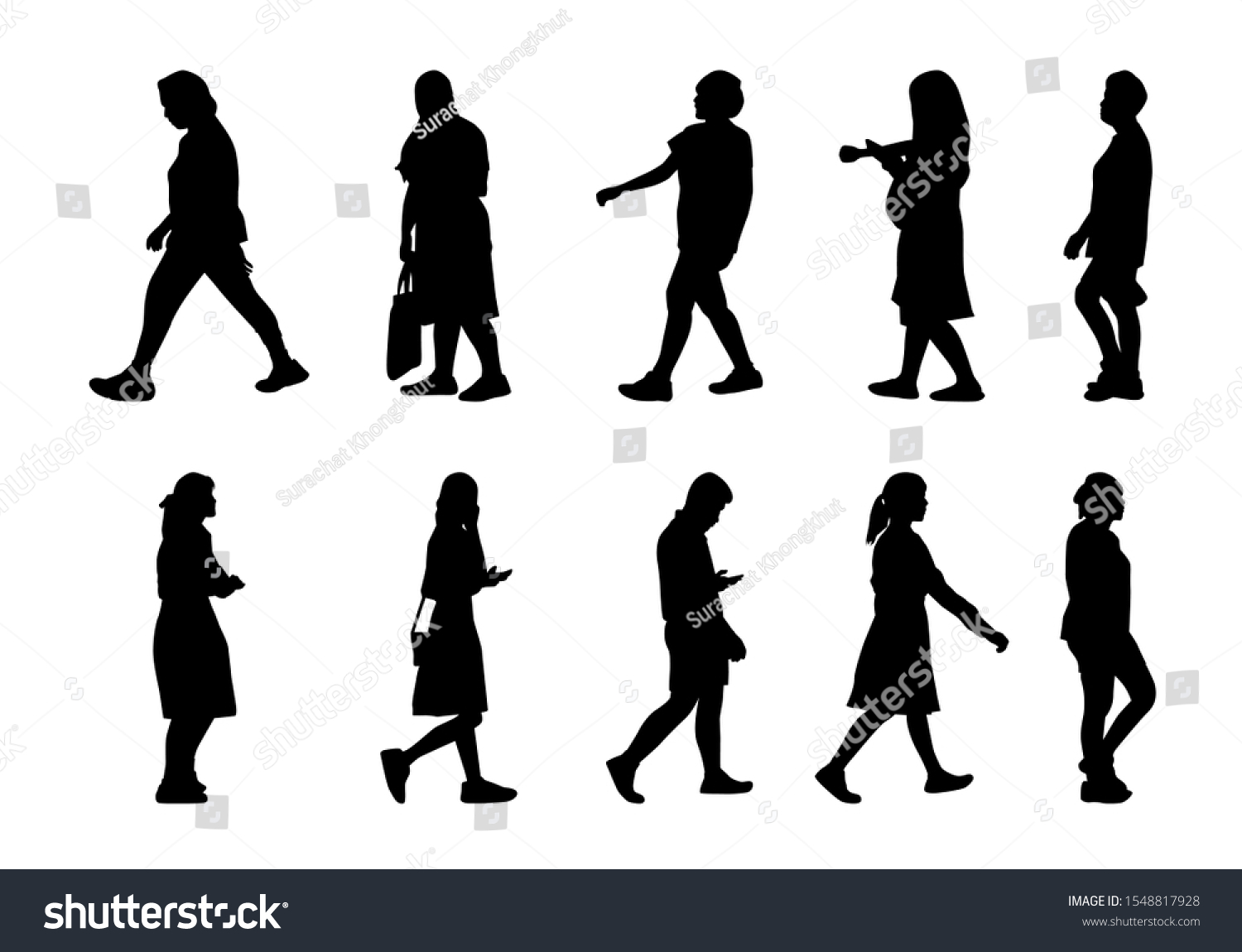 白い背景にシルエット コレクションの人のシルエット 歩く姿のグループの女の子と男の子 影の違う人のイラスト のベクター画像素材 ロイヤリティフリー