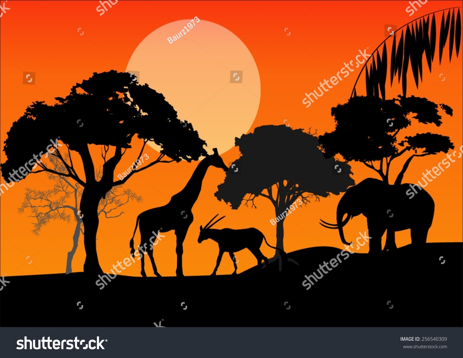 Silhouettes African Animals Evening Stock Vector (Royalty Free) 256540309