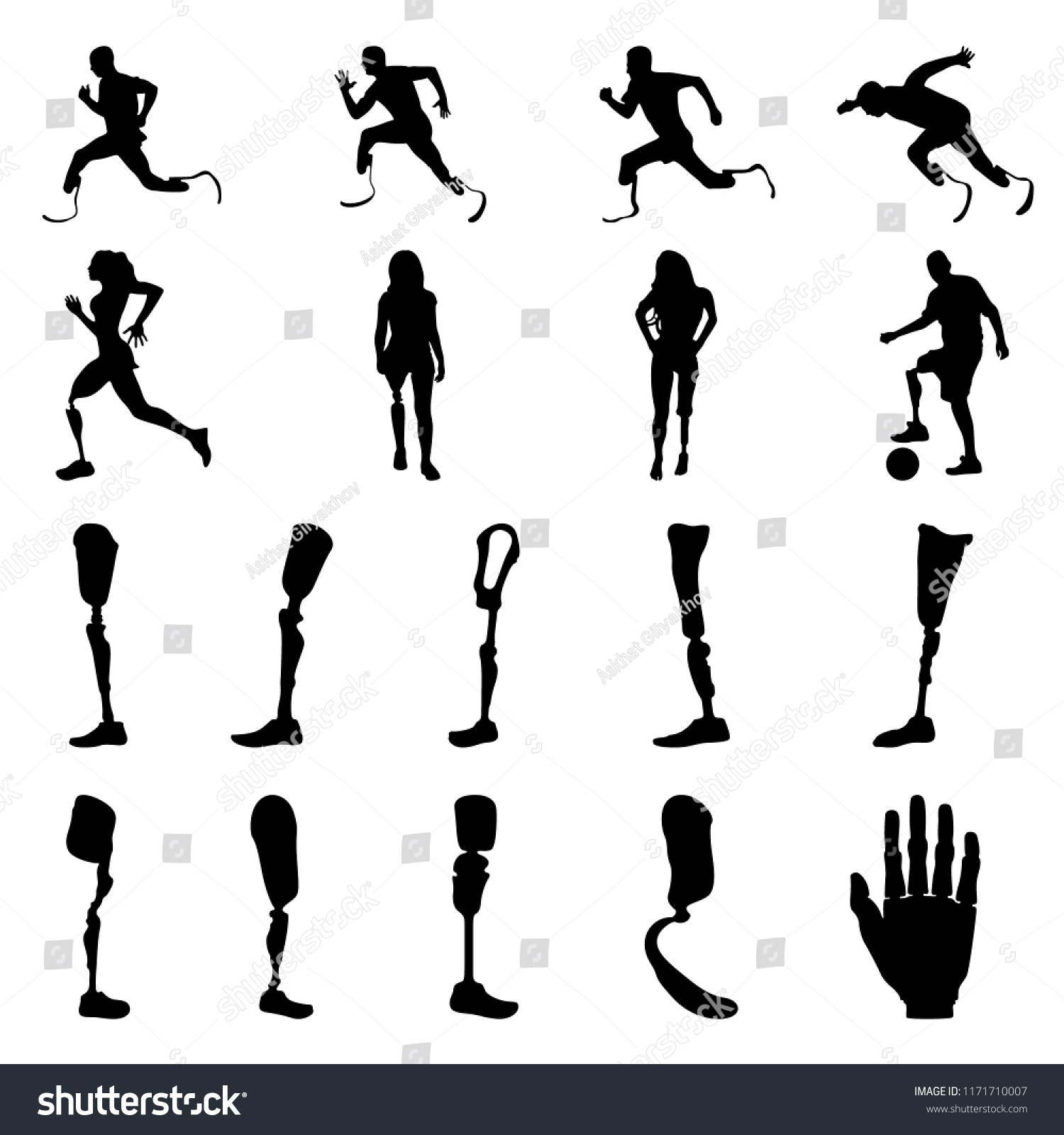 SVG of Silhouettes of amputee people with artificial limb. Silhouettes of prosthetic legs and arms. Vector. svg