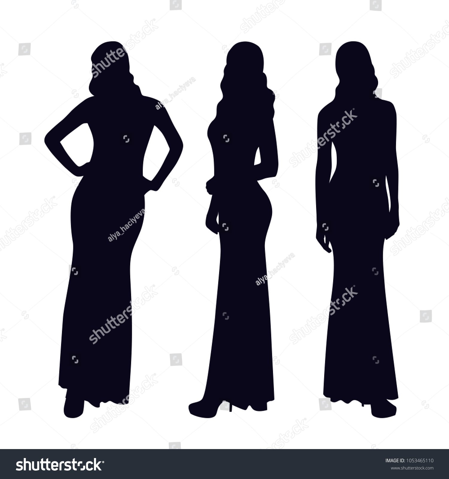 Silhouettes Beautiful Slim Girl Dressed Long Stock Vector (Royalty Free ...