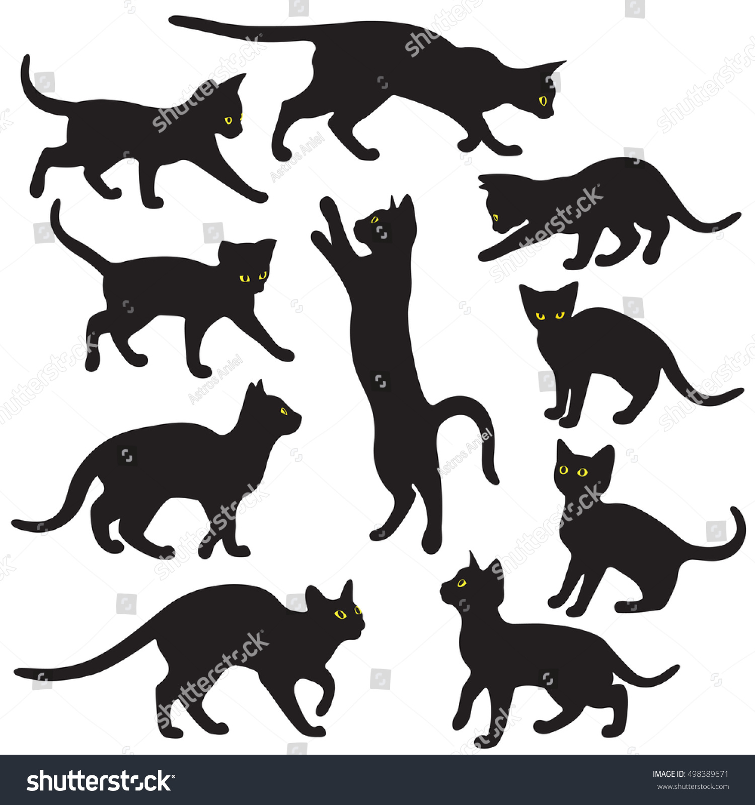 Silhouettes Black Cats Yellow Eyes Isolated Stock Vector 498389671 ...