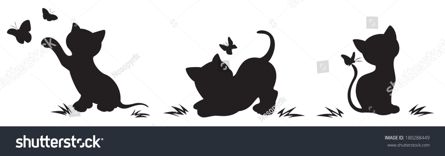 Silhouettes Cats Butterflies Stock Vector Royalty Free 180288449