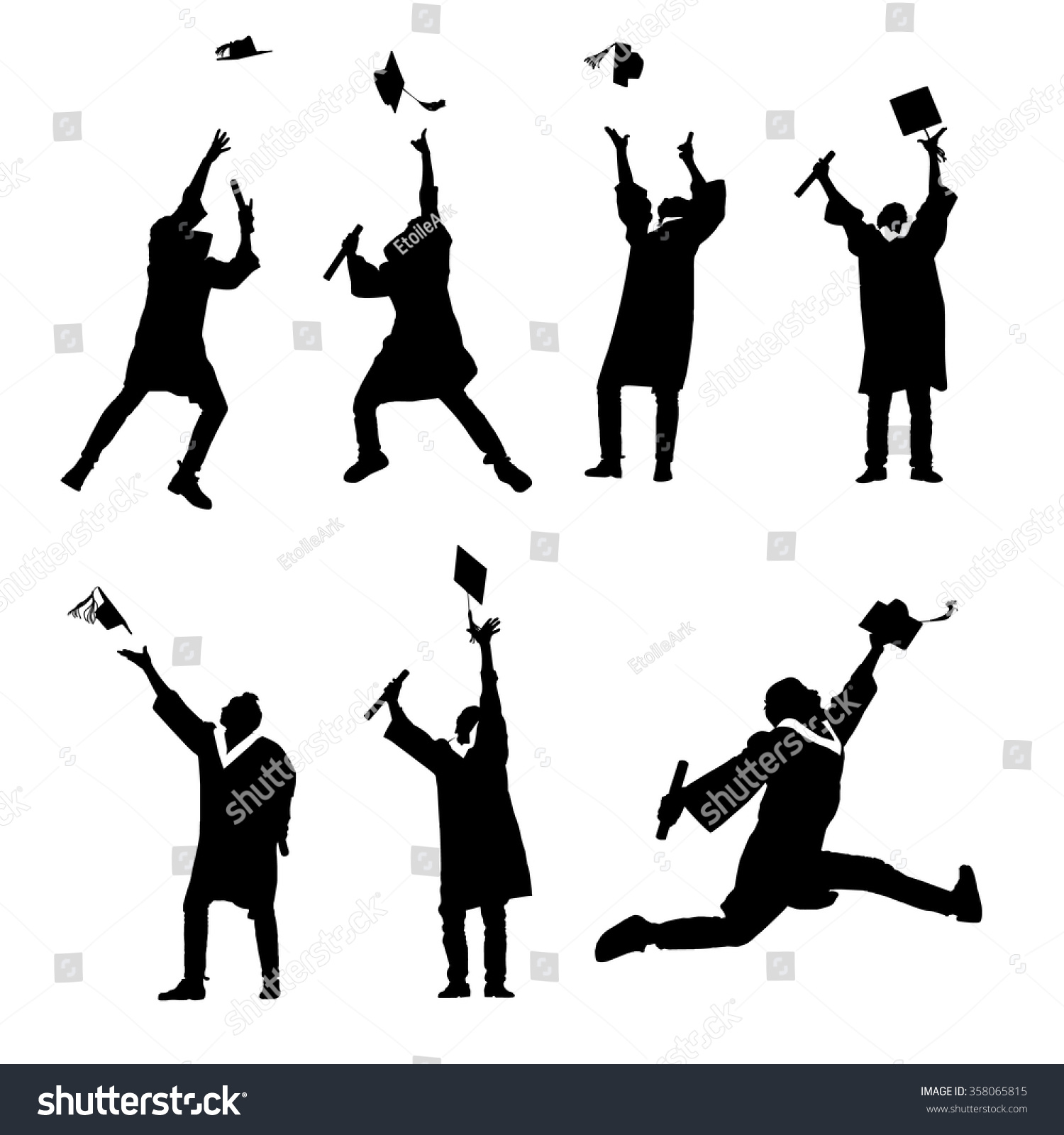 Silhouettes Of Excited Happy College Graduate Student Jump And Holds ...