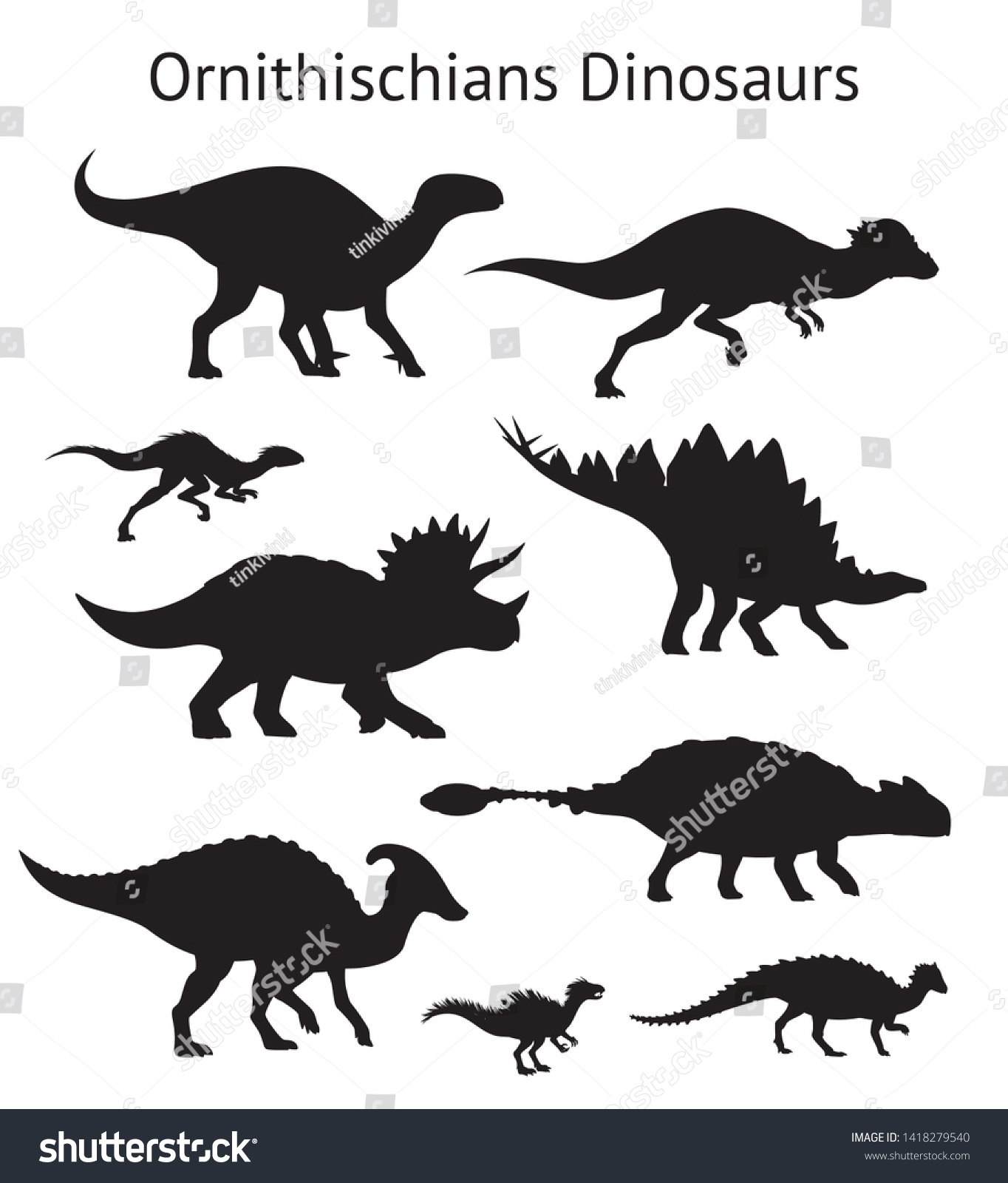 SVG of Silhouettes of ornithischian dinosaurs. Set. Side view. Monochrome vector illustration of black silhouettes of dinosaurs isolated on white background. Ornithischia. Proportional dimensions. svg