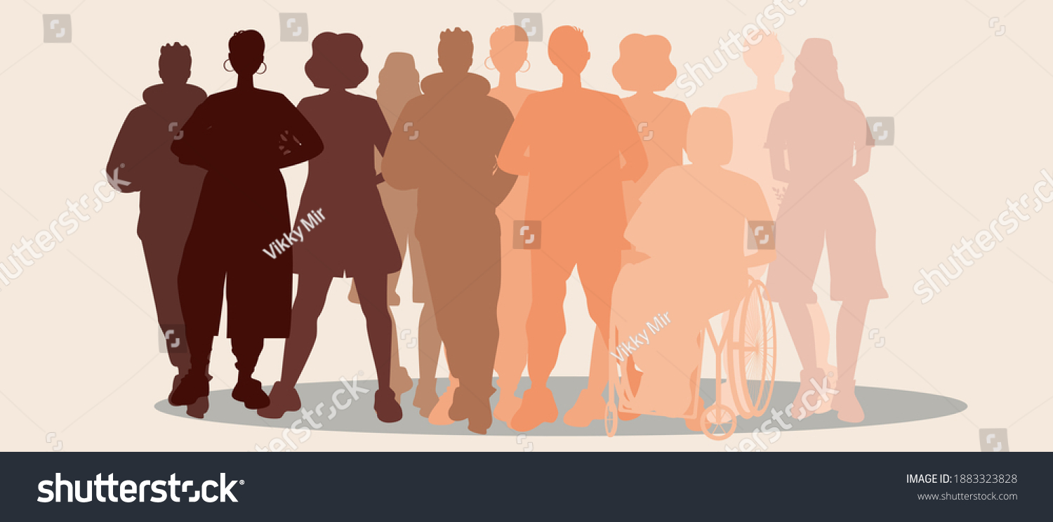 SVG of Silhouettes of people, different skin colors. Flat vector stock illustration. Multicultural people, nationality and ethnic groups. Afro, European, Asian men and women with colored skin svg