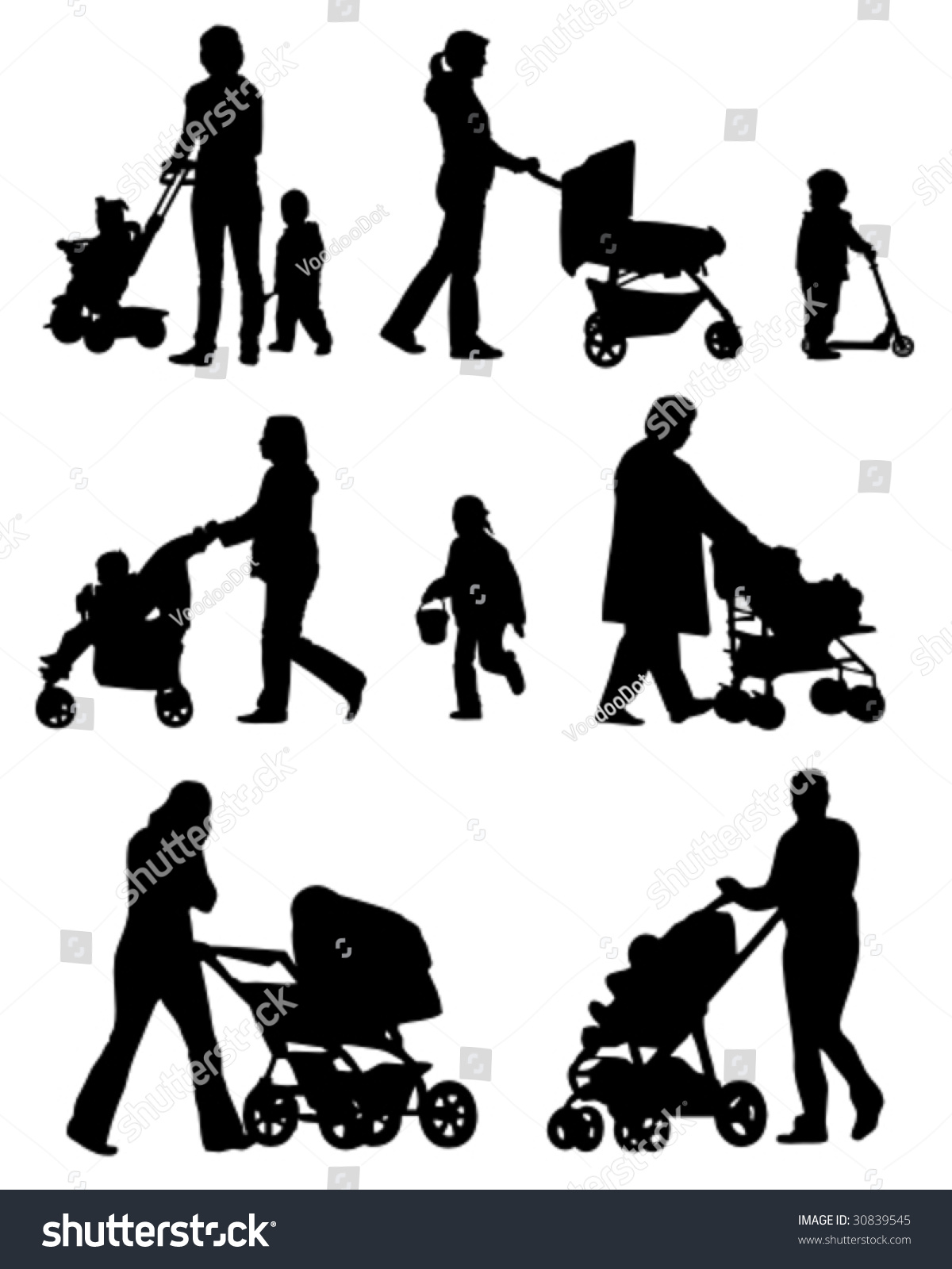 Silhouettes Of The Walkings Mothers With Baby Strollers. Stock Vector ...