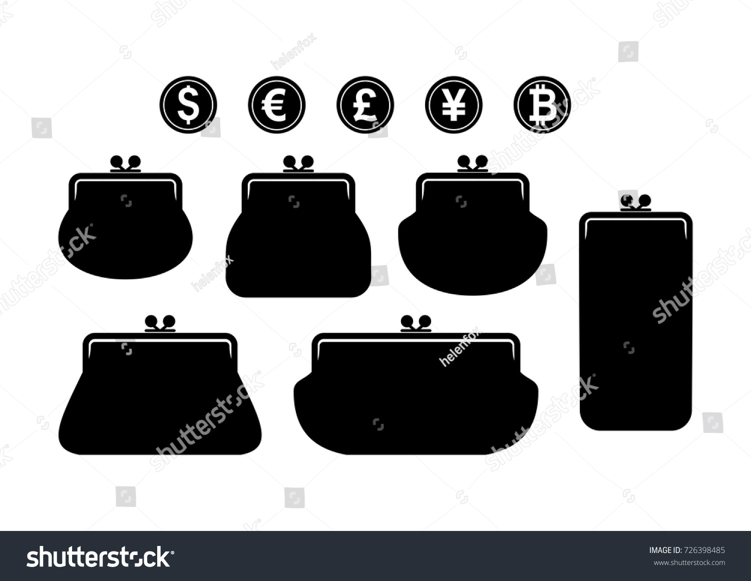 SVG of Silhouettes of wallets. Set of different wallets and coins. Wallet icon. Wallet sign with currency symbols. Vector illustration. svg