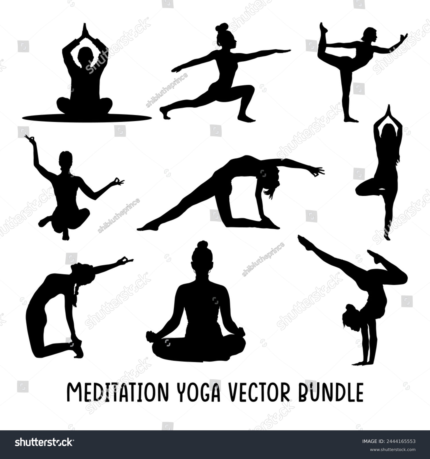 SVG of Silhouettes of women doing meditation and yoga poses. Group of women doing yoga fitness workout. Asana set svg