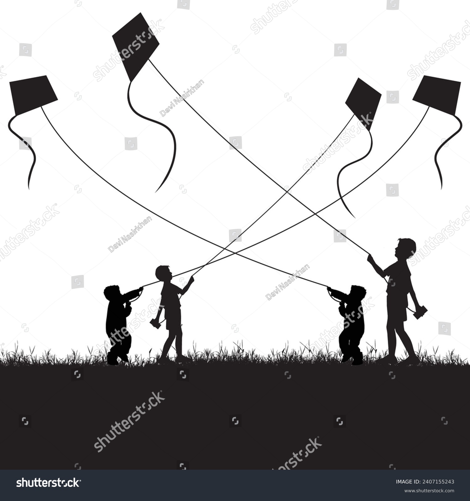 SVG of Silhouettes Soaring: Makar Sankranti's Kite-Flying Delight, This captivating vector celebrates Makar Sankranti with silhouettes of children immersed in the thrill of kite-flying. svg