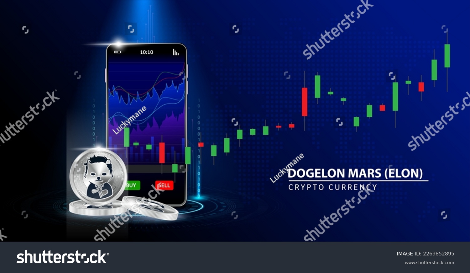 SVG of Silver Dogelon Mars (ELON) Cryptocurrency blockchain. Online coin Blue background.  Smartphone Cryptocurrency Trading and playing stocks. Secure mobile banking finance. Vector illustration 3D. svg