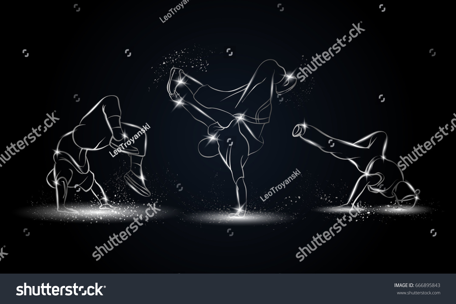 SVG of Silver linear b-boys dancers set on black background. Hip hop dance background for poster and flyer. svg