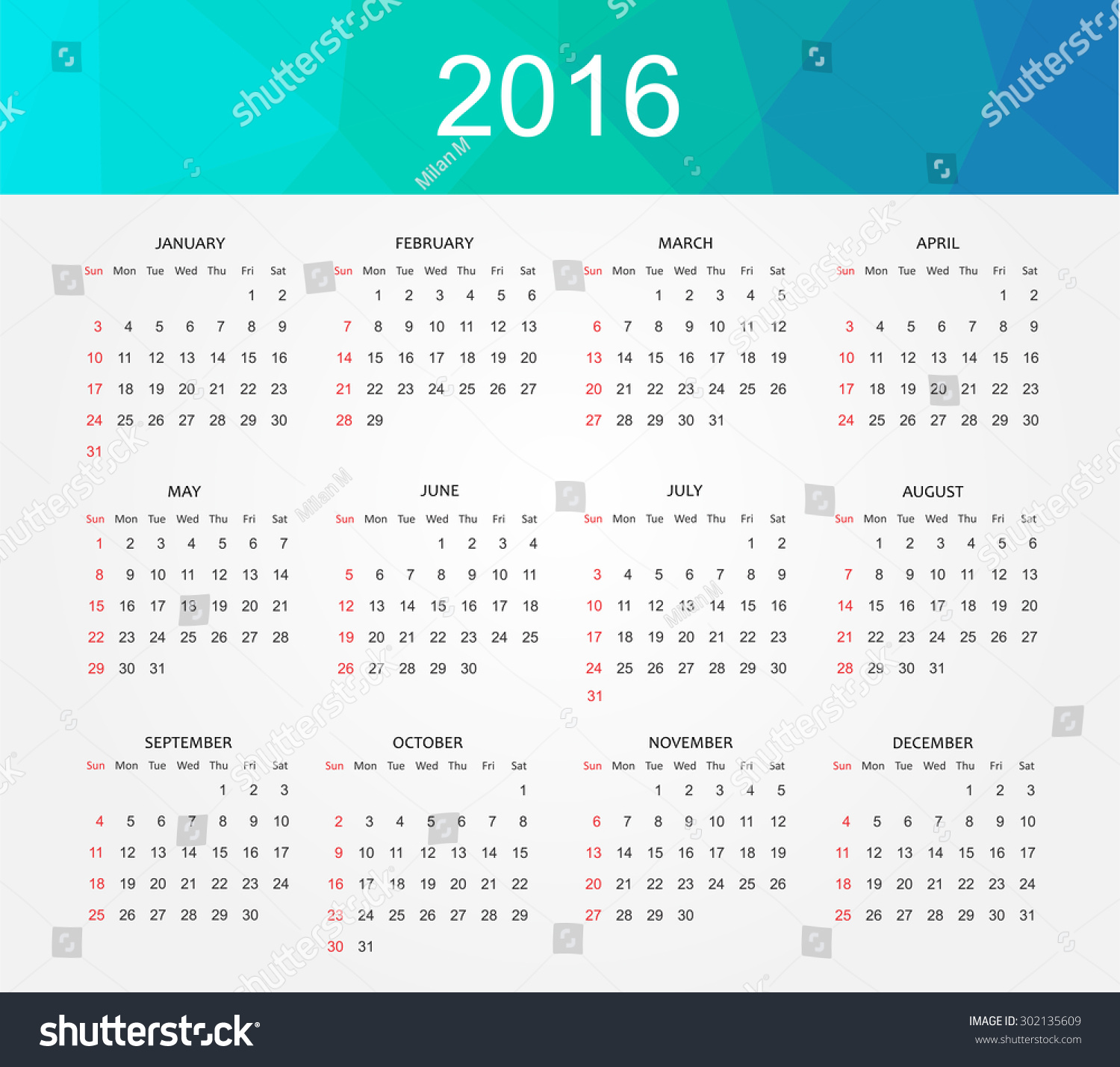 Simple Calendar 2016 Abstract Calendar 2016 Week Starts Stock Vector ...