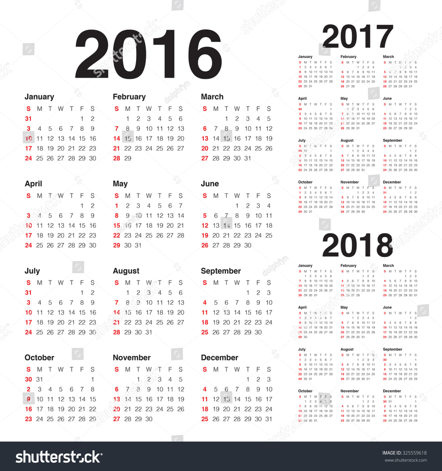 Simple Calendar For 2016 2017 2018 Stock Vector Illustration 325559618 ...