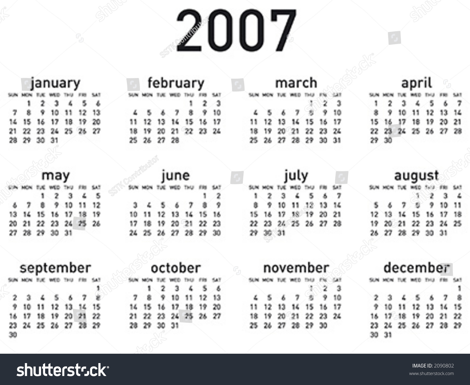 Simple 2007 Calendar Horizontal Layout Vector Format Can Be Scaled