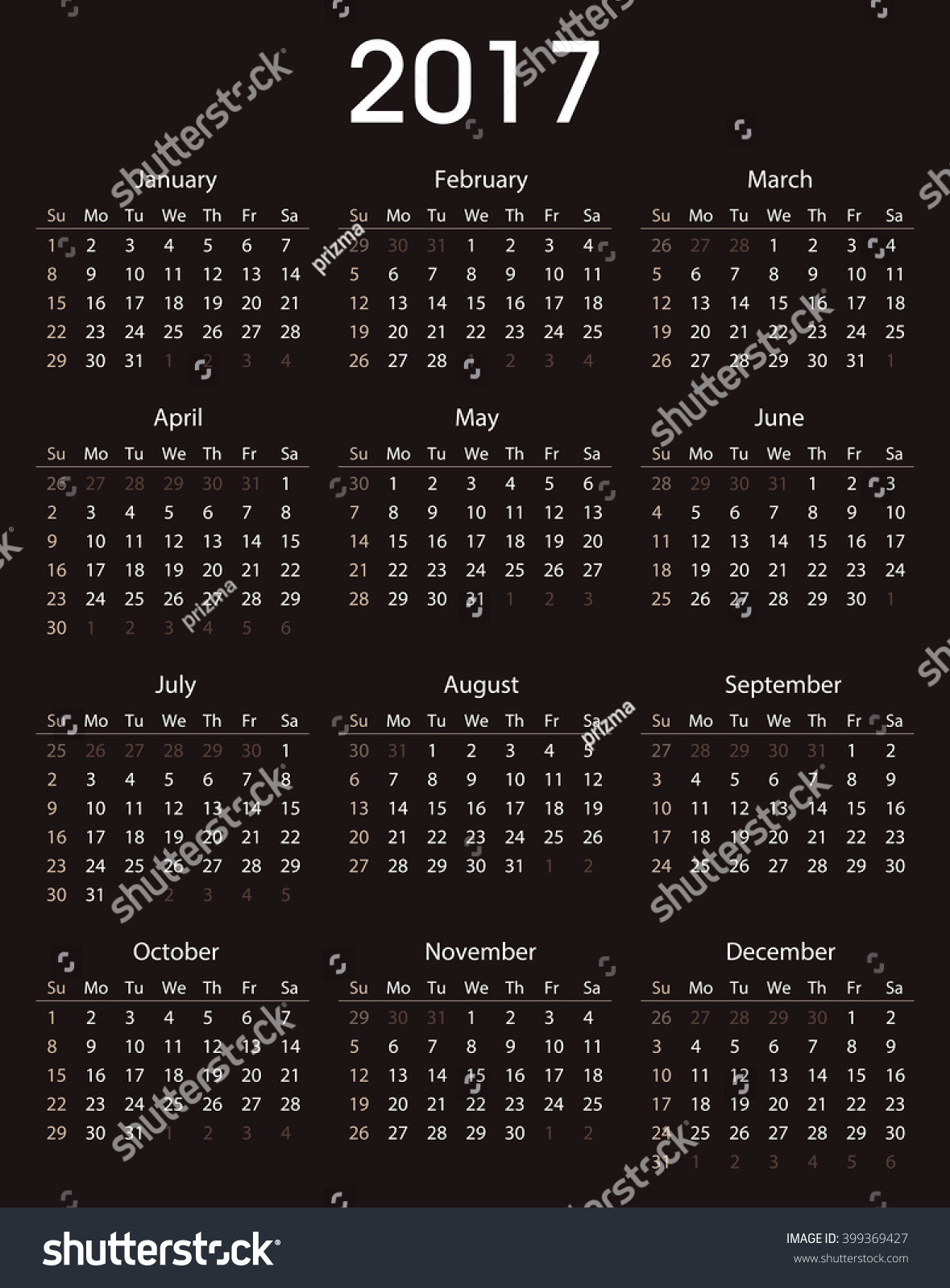 Simple 2017 Calendar Template For Commercial And Private Use Stock ...