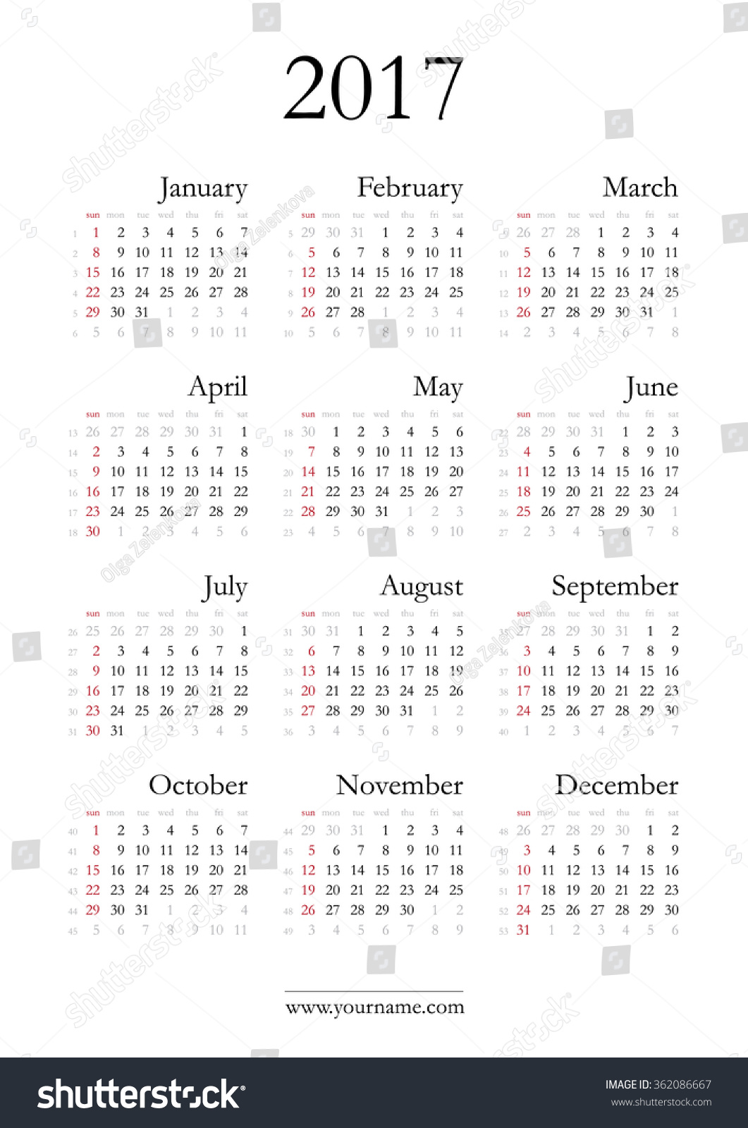 Simple Calendar 2017 - Vector Template With Elegant Classic Font. Weeks ...