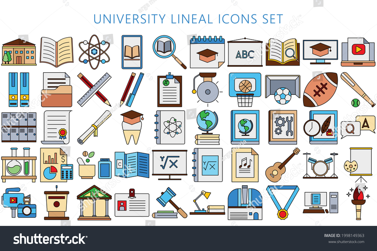 SVG of Simple flat lineal multicolor universities and colleges Icons. Contains Icons any faculty, chemistry. physics, sports mathematics, economic, accounting and others. EPS 10 ready convert to SVG svg
