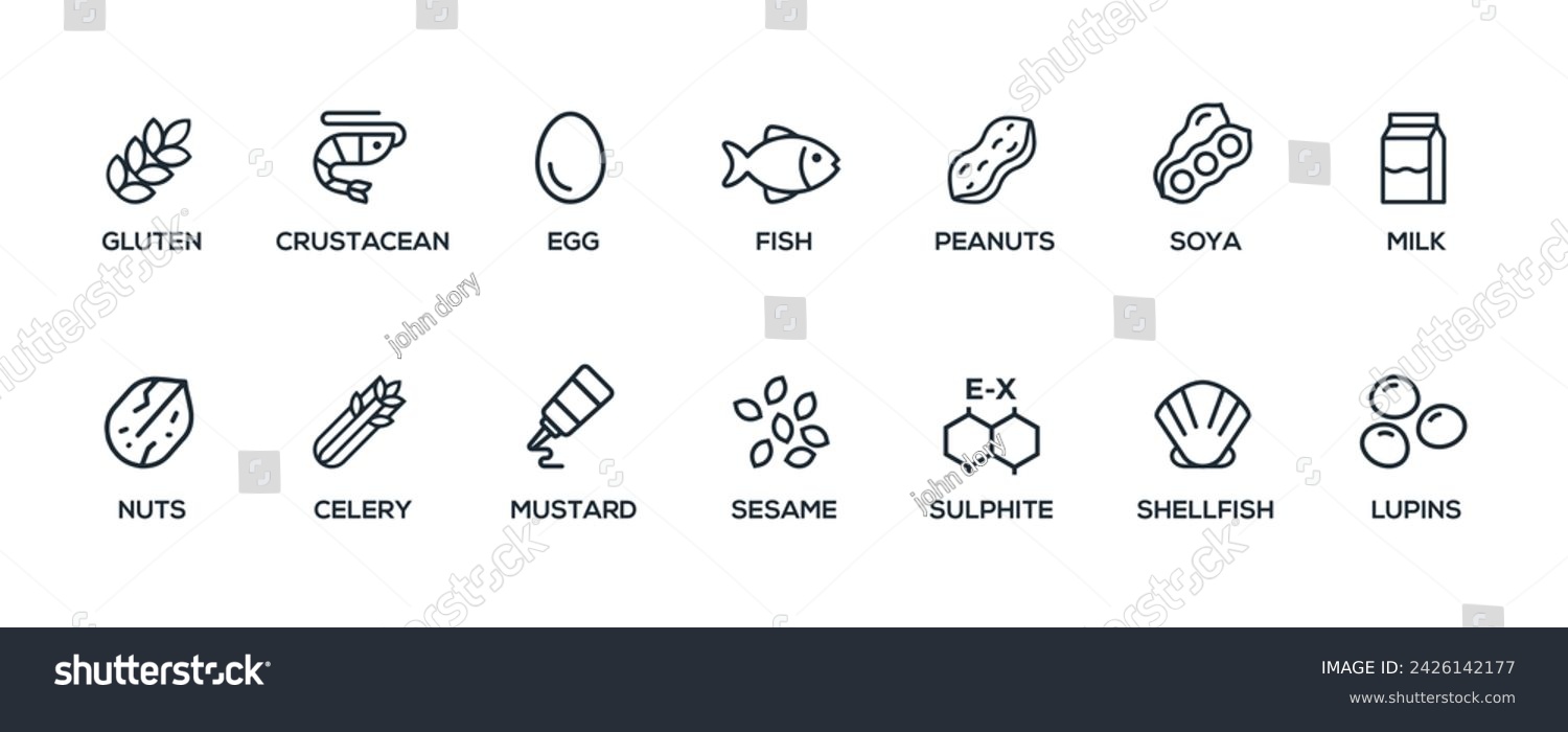 SVG of Simple Isolated Vector Logo Set Badge Ingredient Warning Label. Black and white Allergens icons. Food Intolerance. The 14 allergens required to declare written in english svg