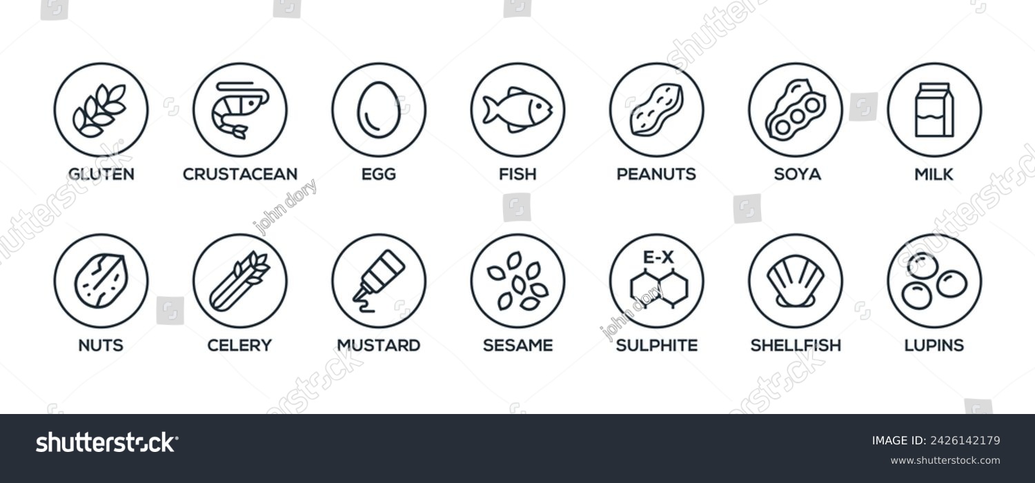 SVG of Simple Isolated Vector Logo Set Badge Ingredient Warning Label. Black and white Allergens icons. Food Intolerance. The 14 allergens required to declare written in english svg