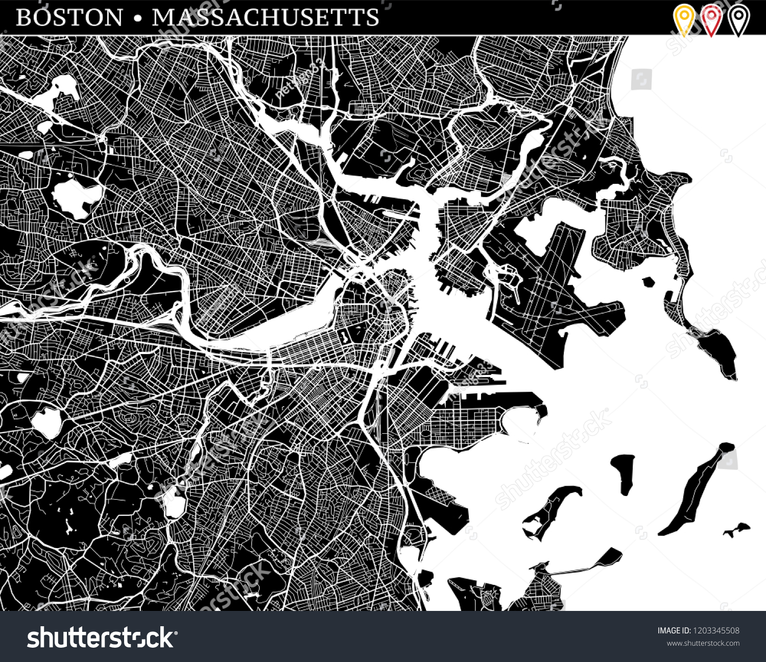 SVG of Simple map of Boston, Massachusetts, USA. Black and white version for clean backgrounds and prints. This map of Boston contains three markers who are grouped and can be moved separetly svg