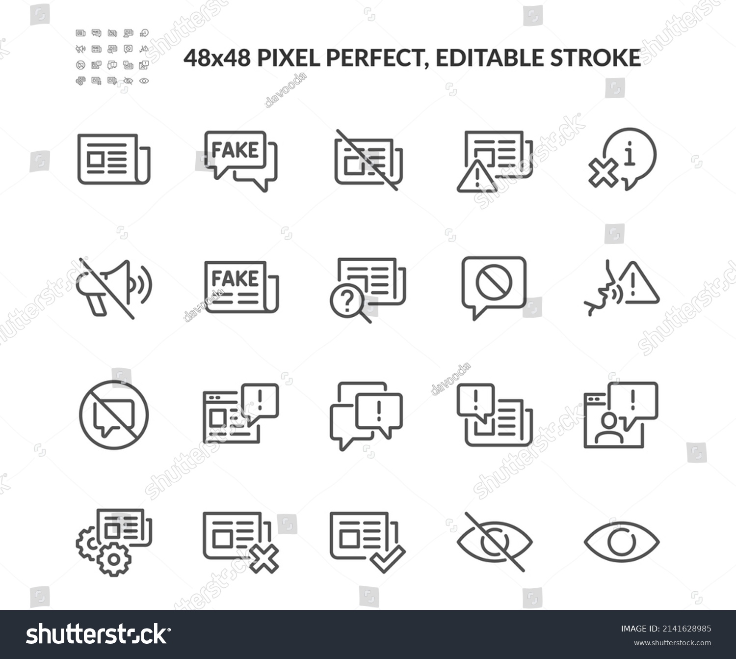SVG of Simple Set of Fake News Related Vector Line Icons. Contains such Icons as Wrong Information, Propaganda, Inappropriate Content and more. Editable Stroke. 48x48 Pixel Perfect. svg